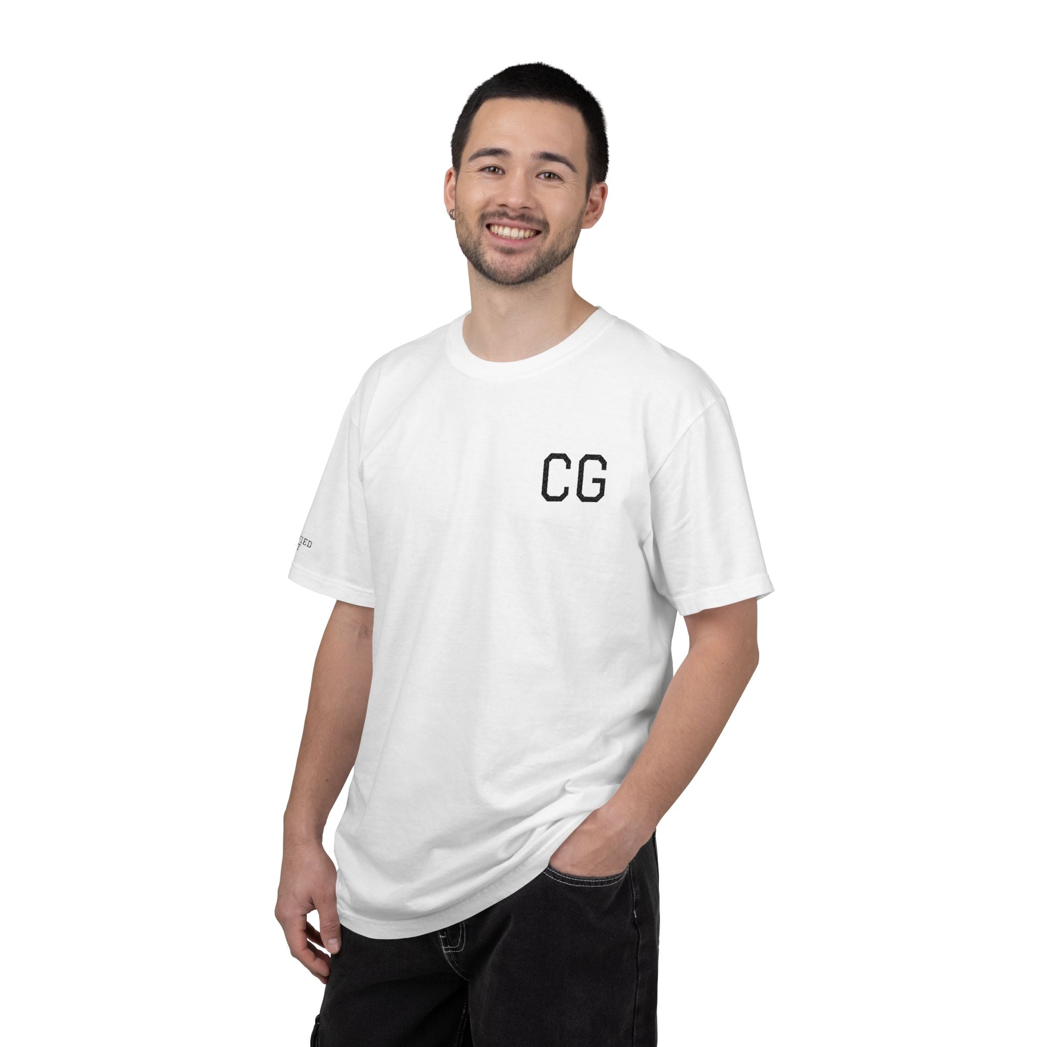 CG Chest Logo T‑Shirt — Minimalist White Tee with Sleeve Patch