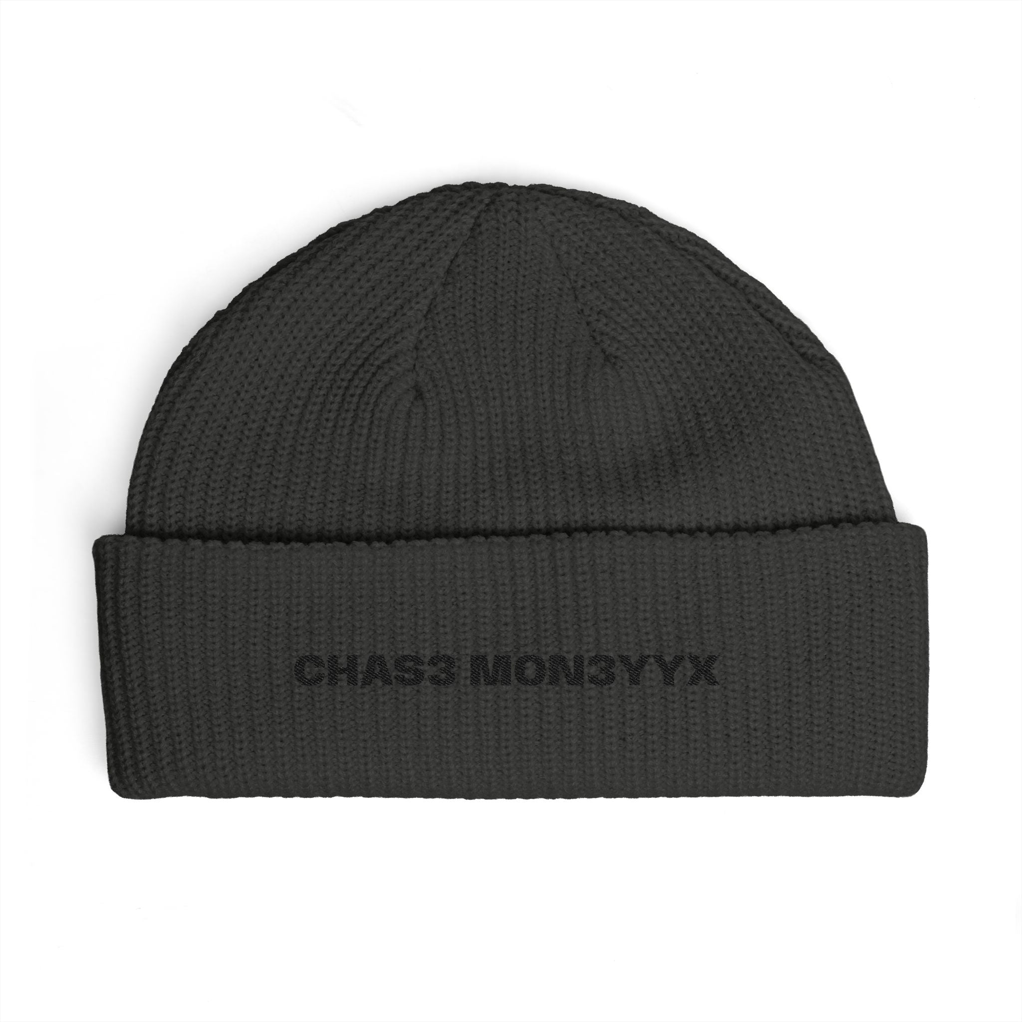 Embroidered Cuff Beanie — "CHAS3 MON3YYYX" Knit Hat