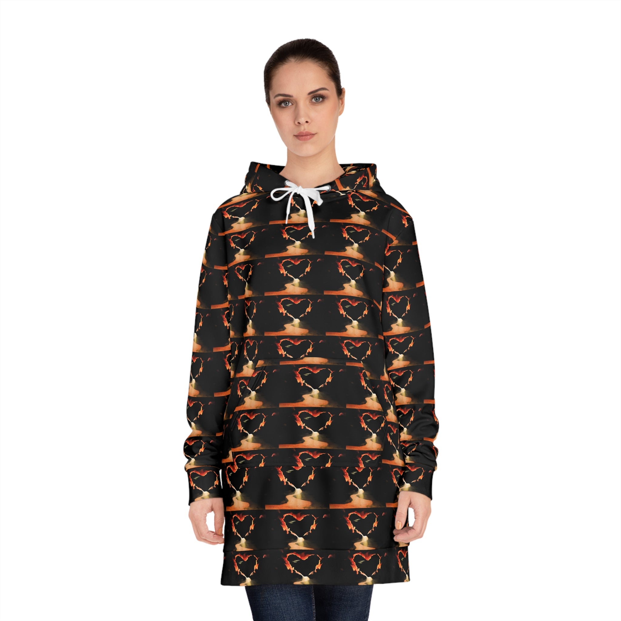 Heart Flame Hoodie Dress — Women's All-Over-Print Cozy Pullover