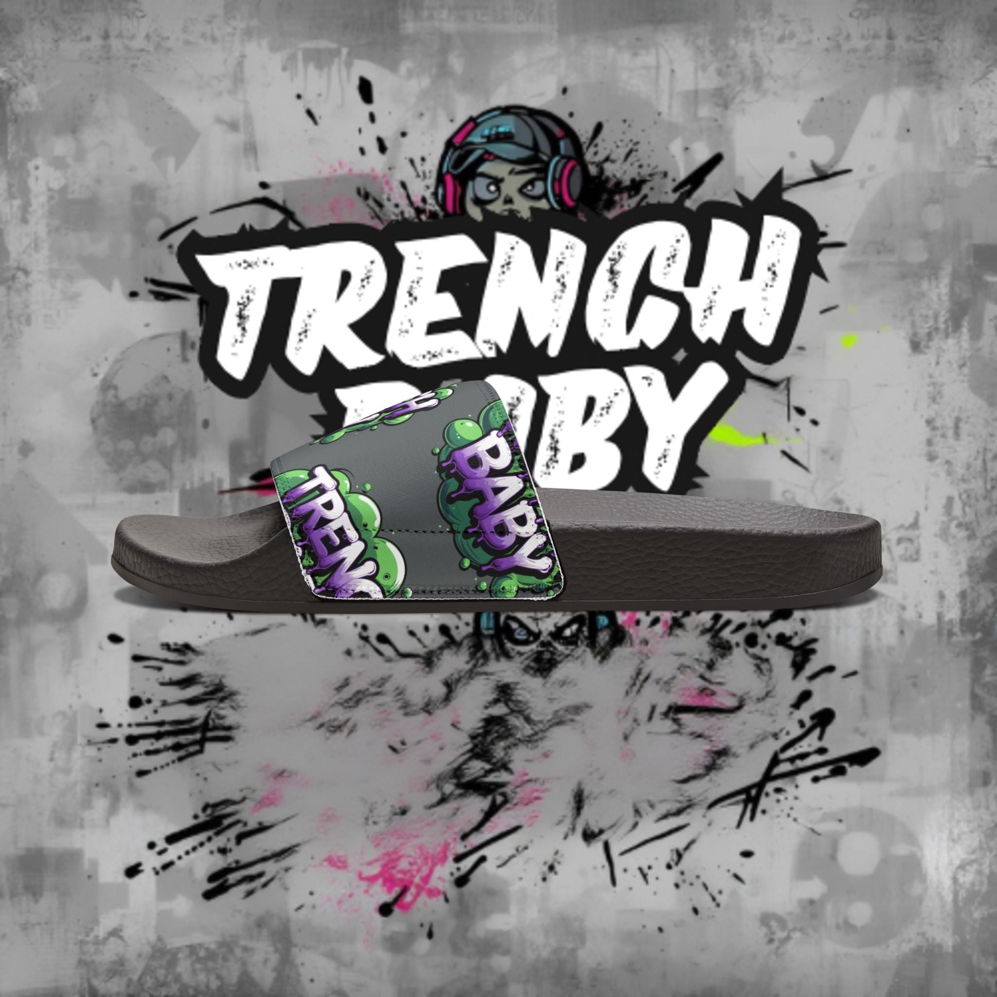 Men's Slide Sandals — 'French Baby' Graphic Adjustable-Strap Pool Slides