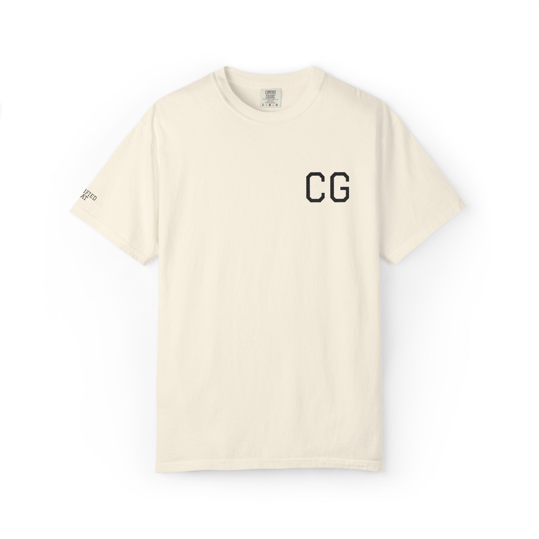 CG Chest Logo T‑Shirt — Minimalist White Tee with Sleeve Patch