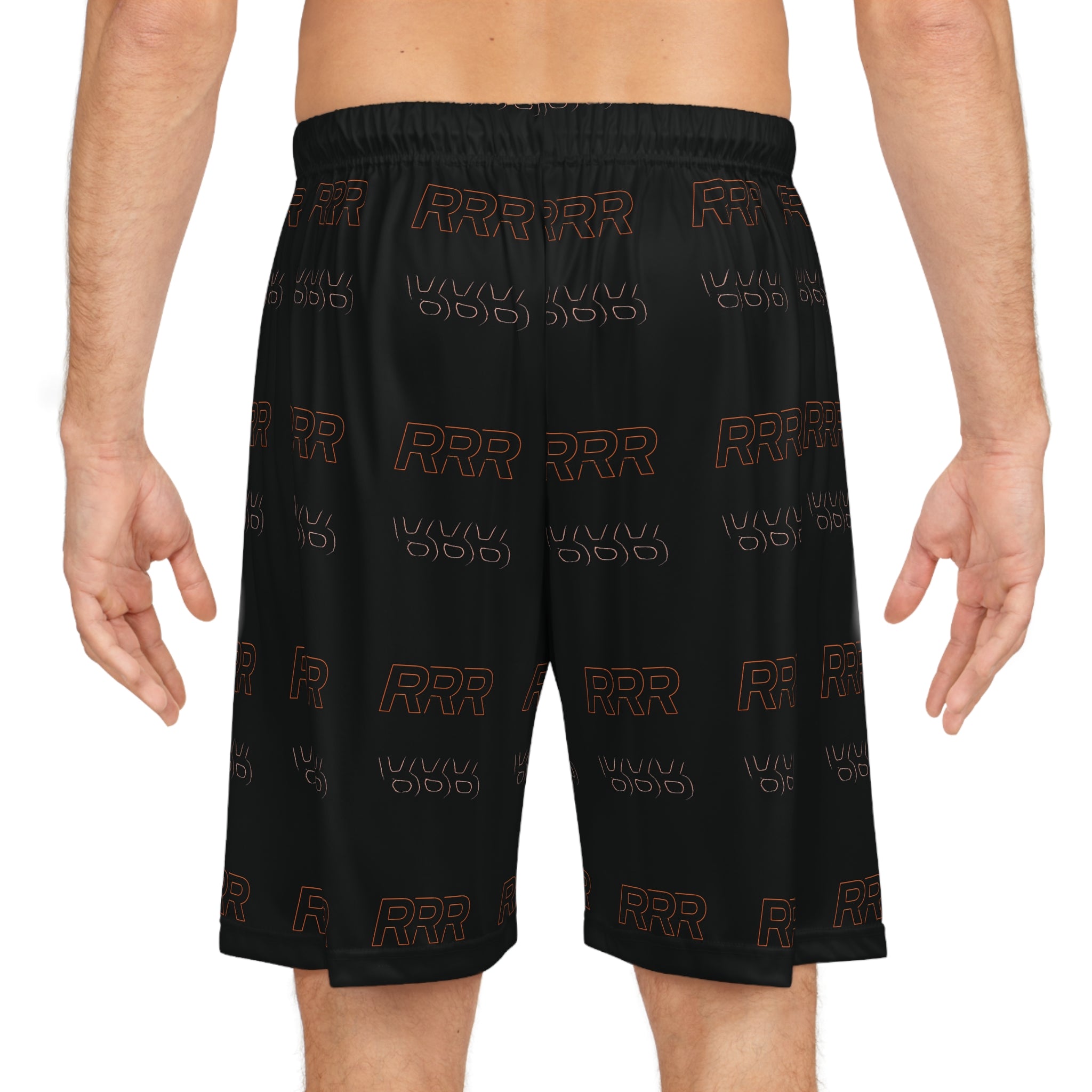 RRR Pattern Basketball Shorts — Black All-Over-Print Athletic Shorts