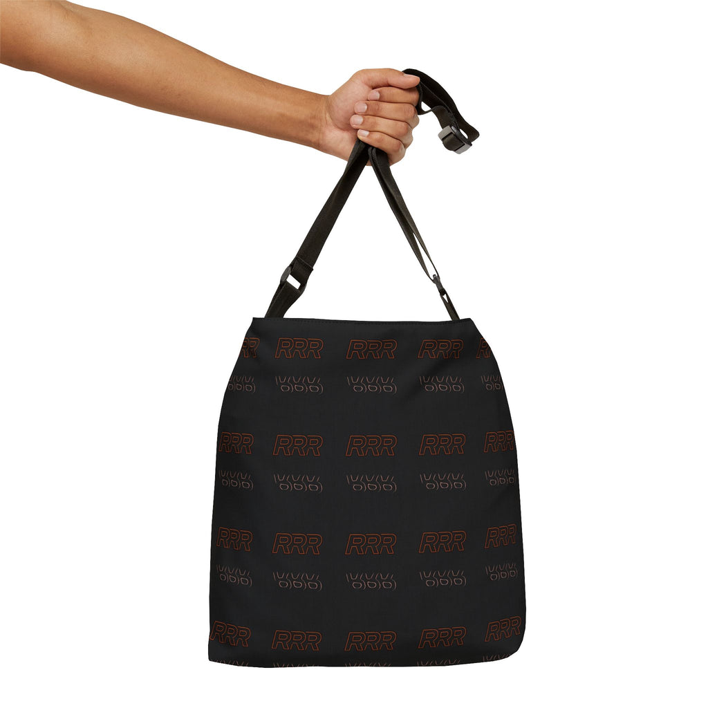 Adjustable Black Tote Bag with Repeating 'RRR' Graphic — Minimal Urban Shoulder Bag