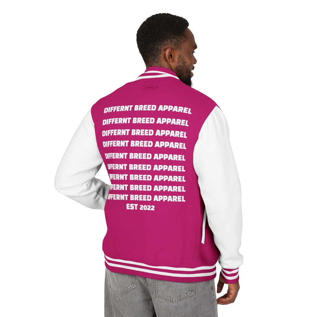 Letterman Jacket — Small Neon Portrait Patch & Repeated 'Different Breed Apparel' Back Print