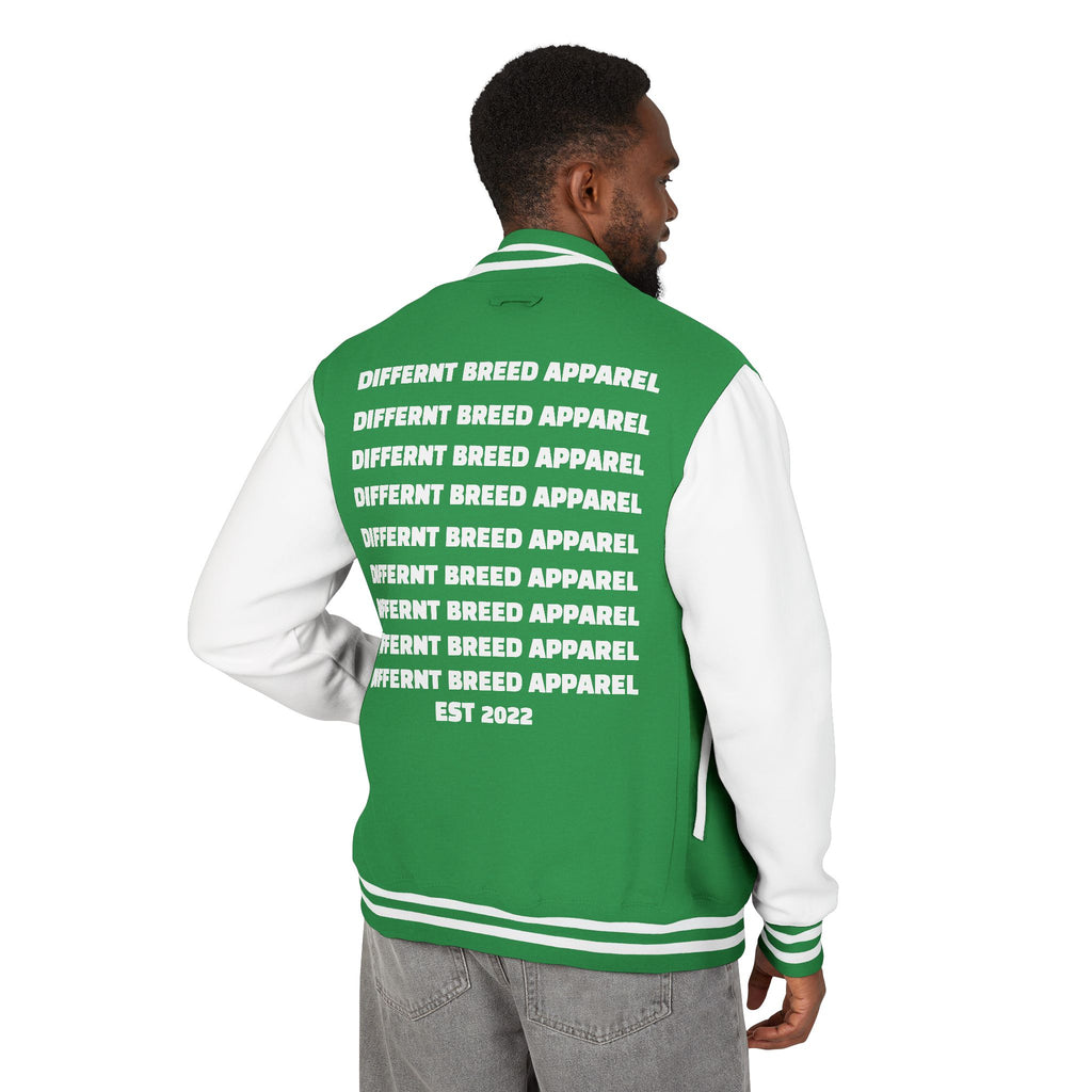 Letterman Jacket — Small Neon Portrait Patch & Repeated 'Different Breed Apparel' Back Print