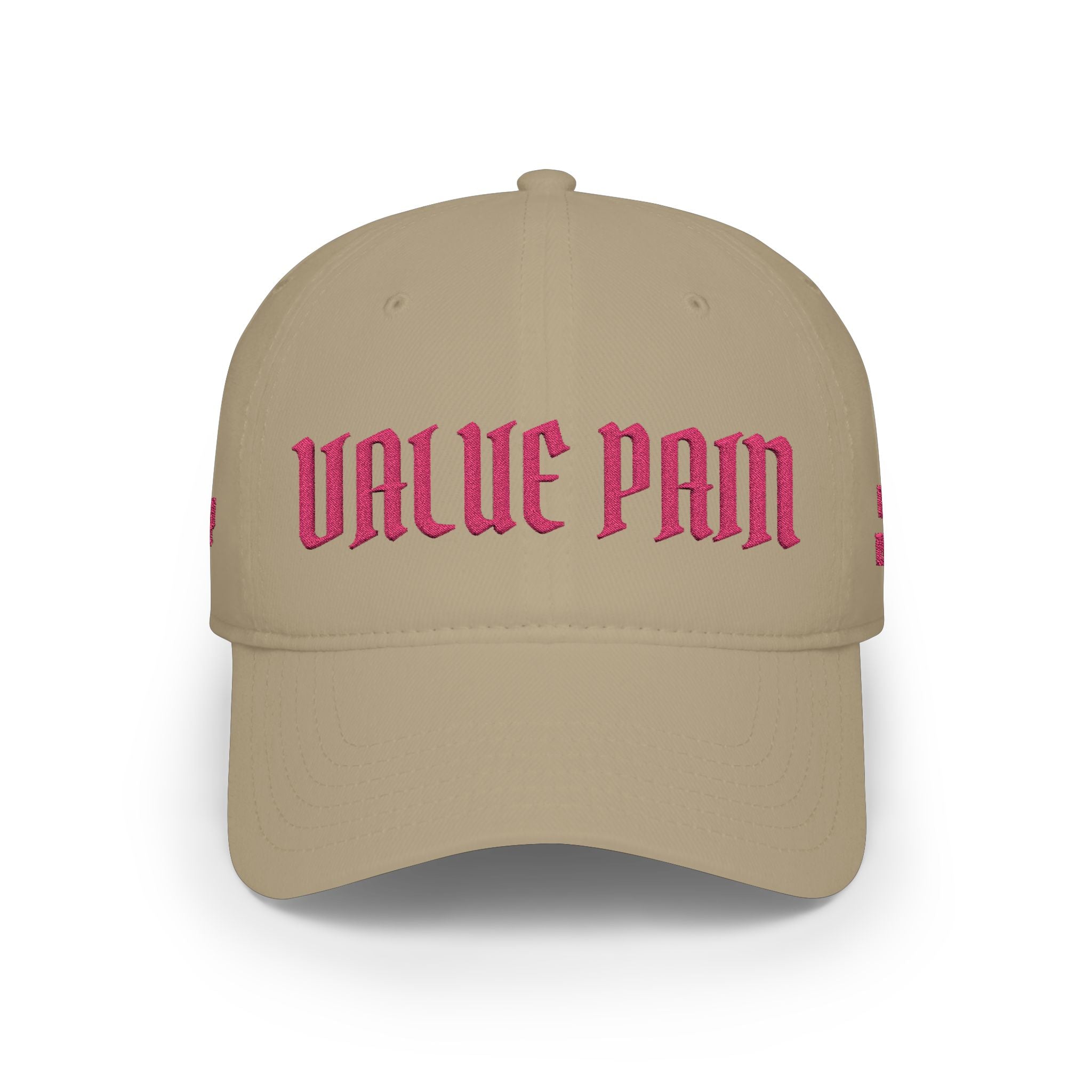 Value Pain Baseball Cap — Low Profile Black Hat with Pink Gothic Embroidery