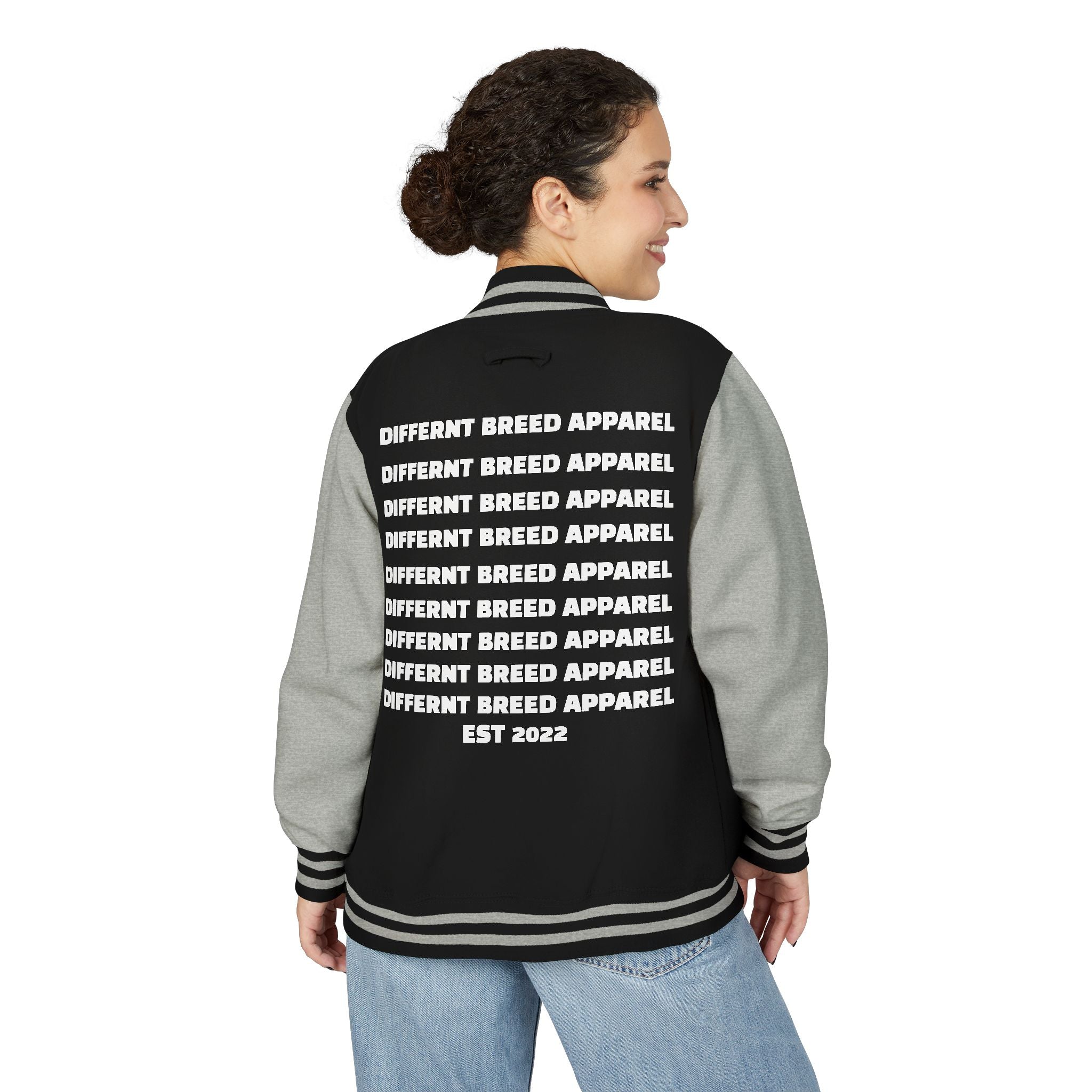 Letterman Jacket — Small Neon Portrait Patch & Repeated 'Different Breed Apparel' Back Print