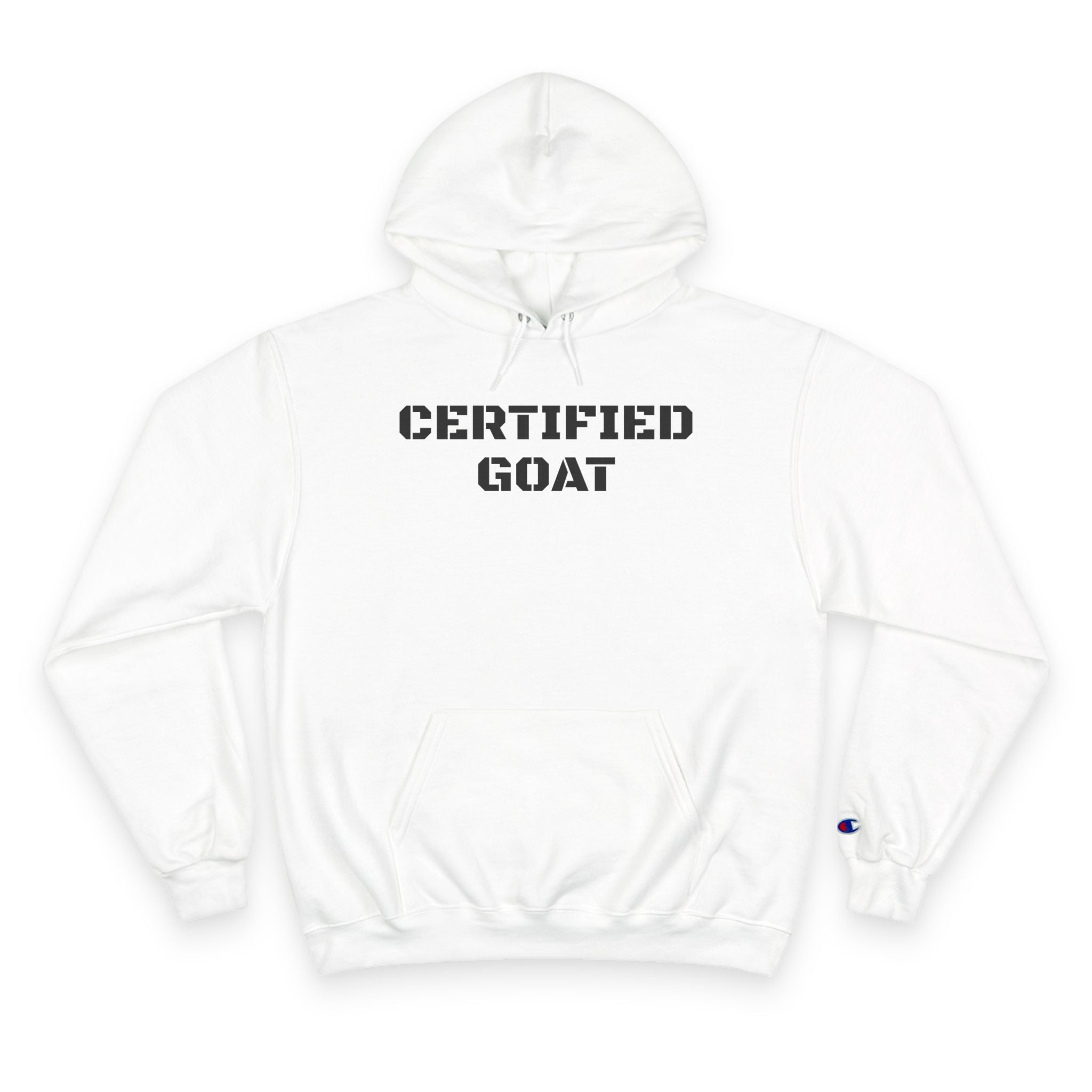Certified Goat Hoodie — Champion Style Pullover with Front Text & Back Goat Portrait