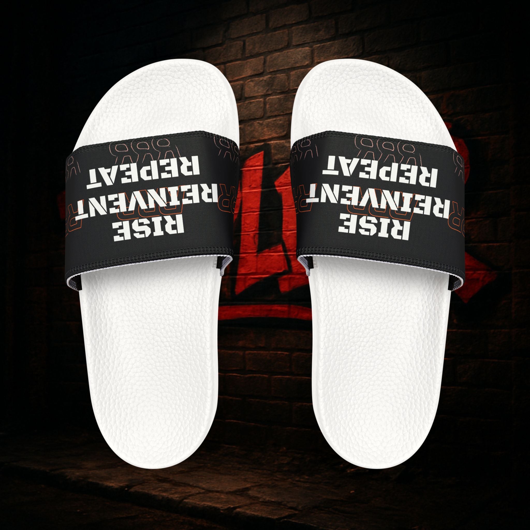 Slide Sandals — Black Strap "Rise Reinvent Repeat" Women's Removable‑Strap Slides