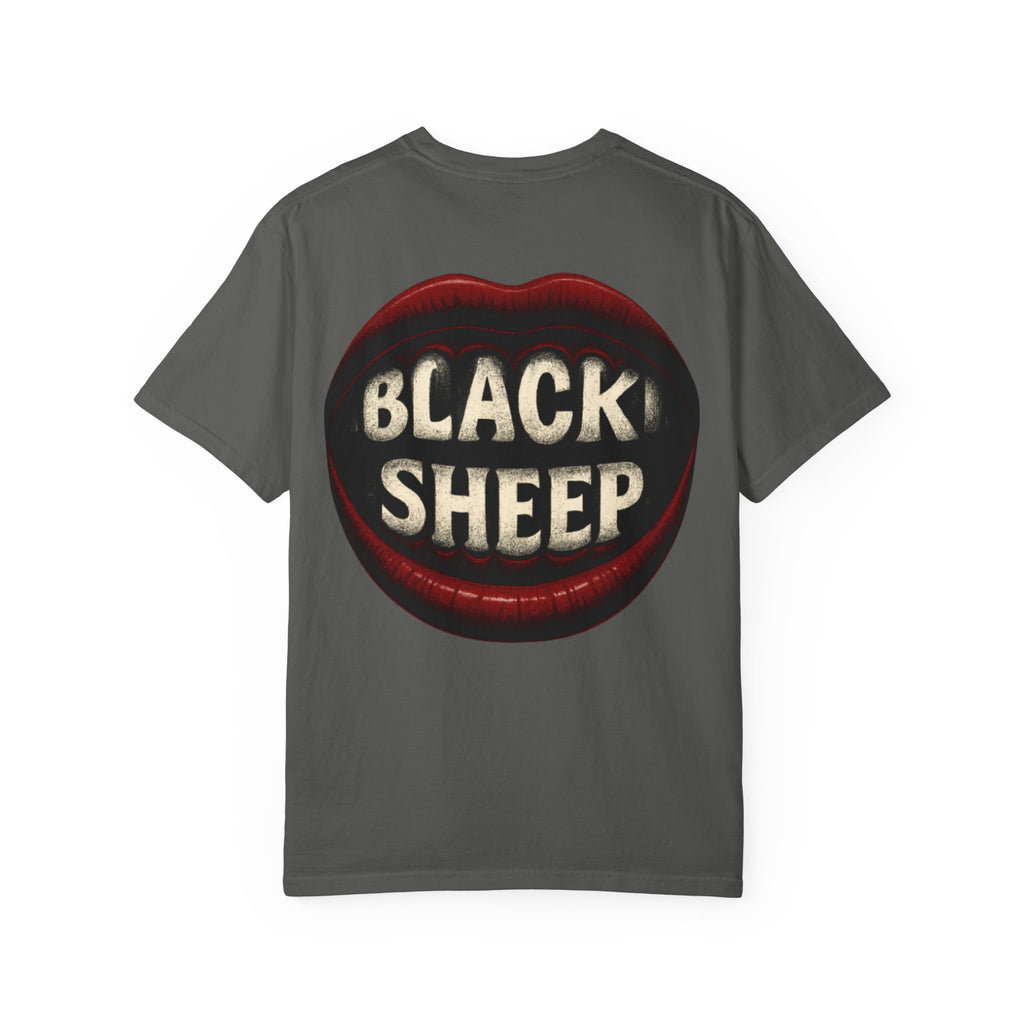Black Sheep T-Shirt — Bold Back Lip Graphic & Front Text