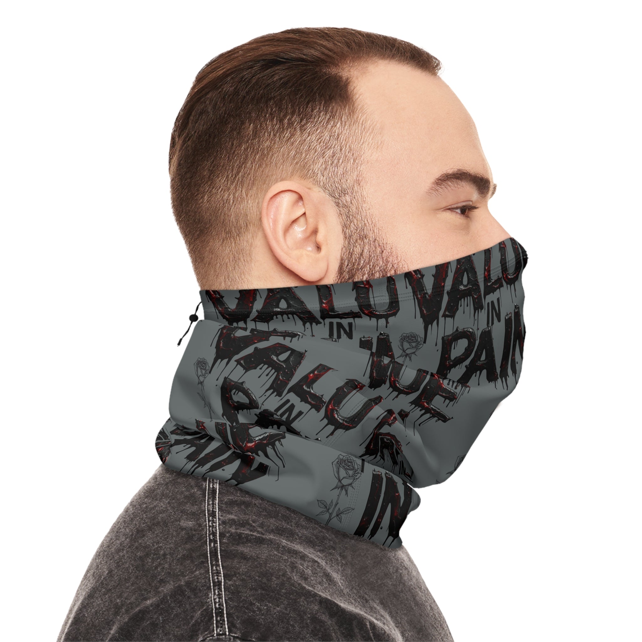 Value in Pain Winter Neck Gaiter — Gothic Text Pattern Face Mask Scarf