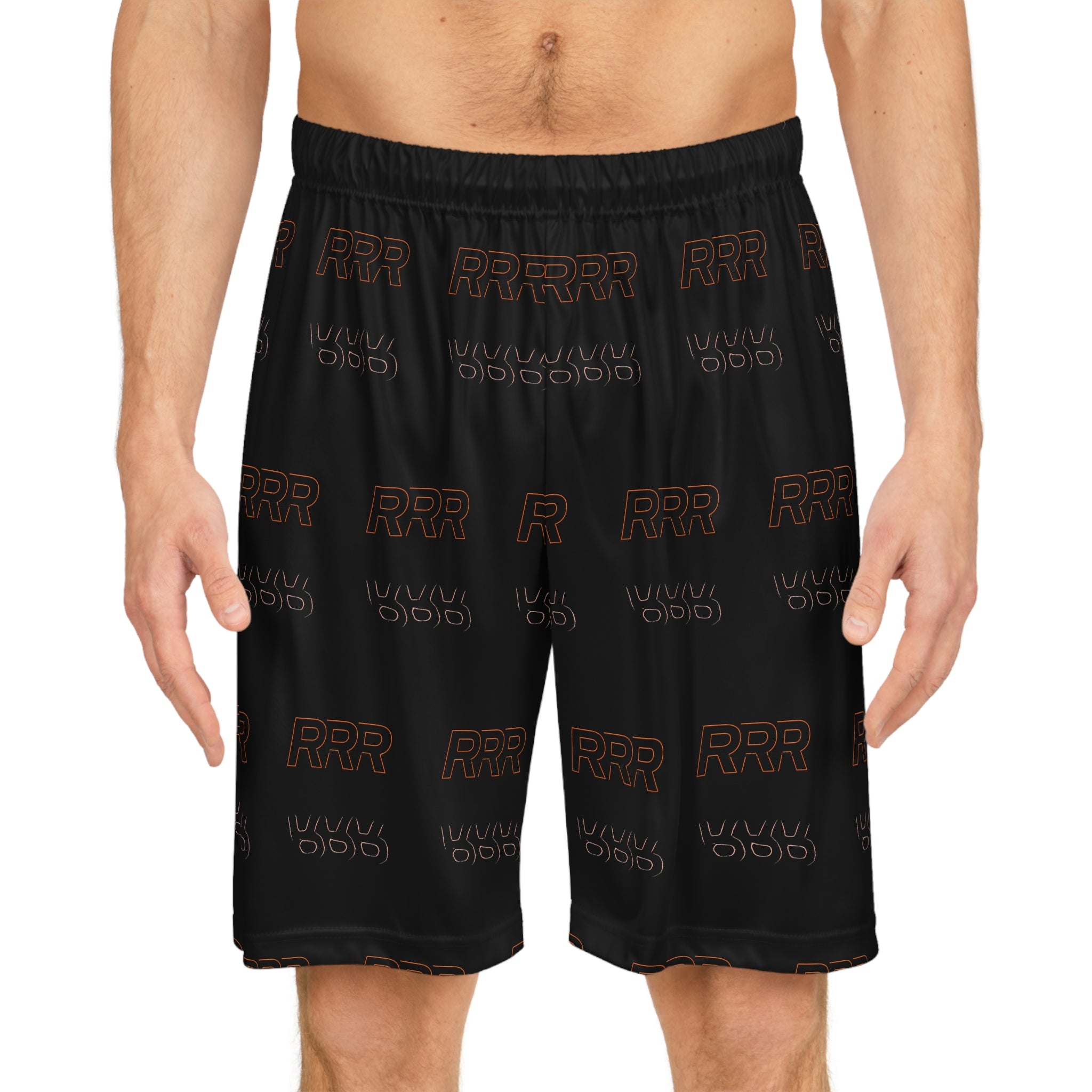 Black AOP Basketball Shorts with Repeating "RRR" Typography — Athletic Streetwear