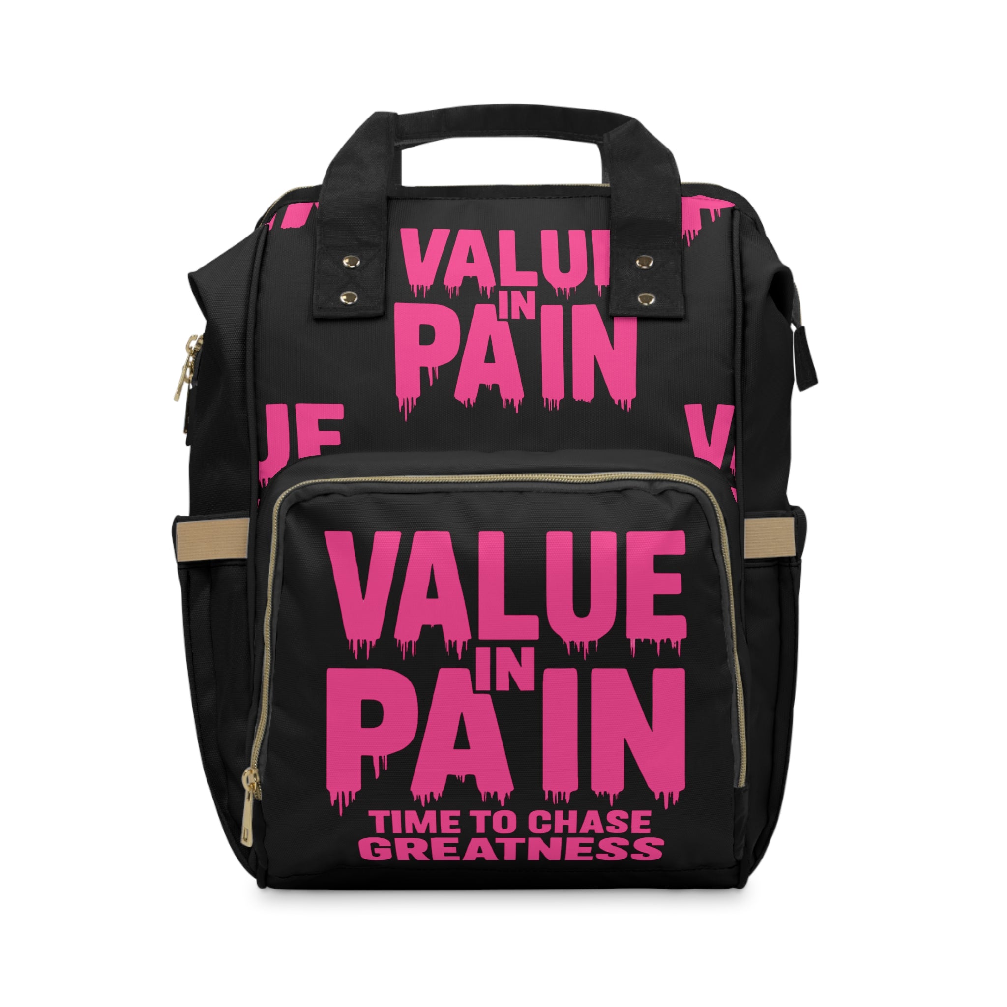 Diaper Backpack — "Value in Pain: Time to Chase Greatness" Motivational Baby Bag