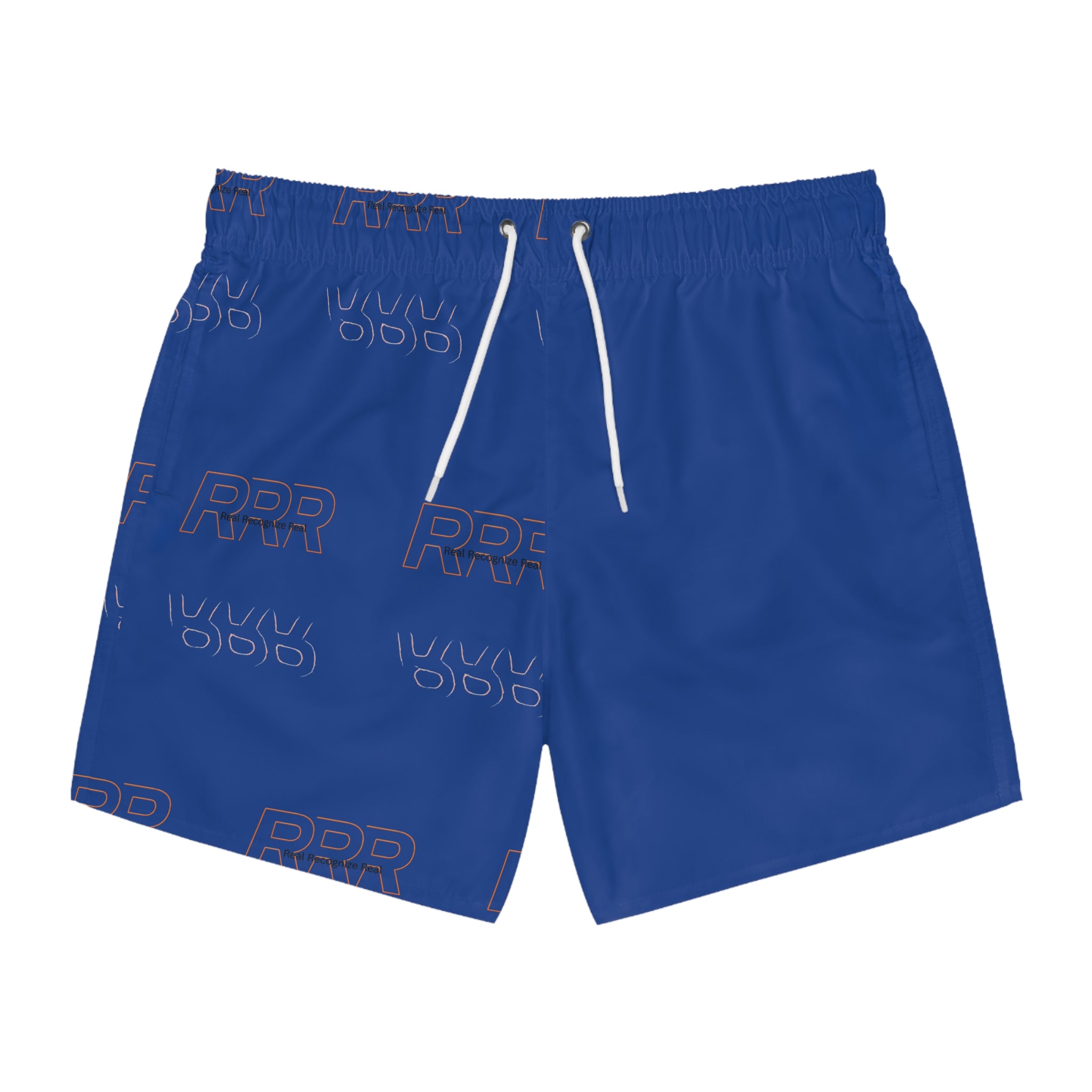 Blue All-Over-Print Swim Trunks — Repeating "RRR" Graphic