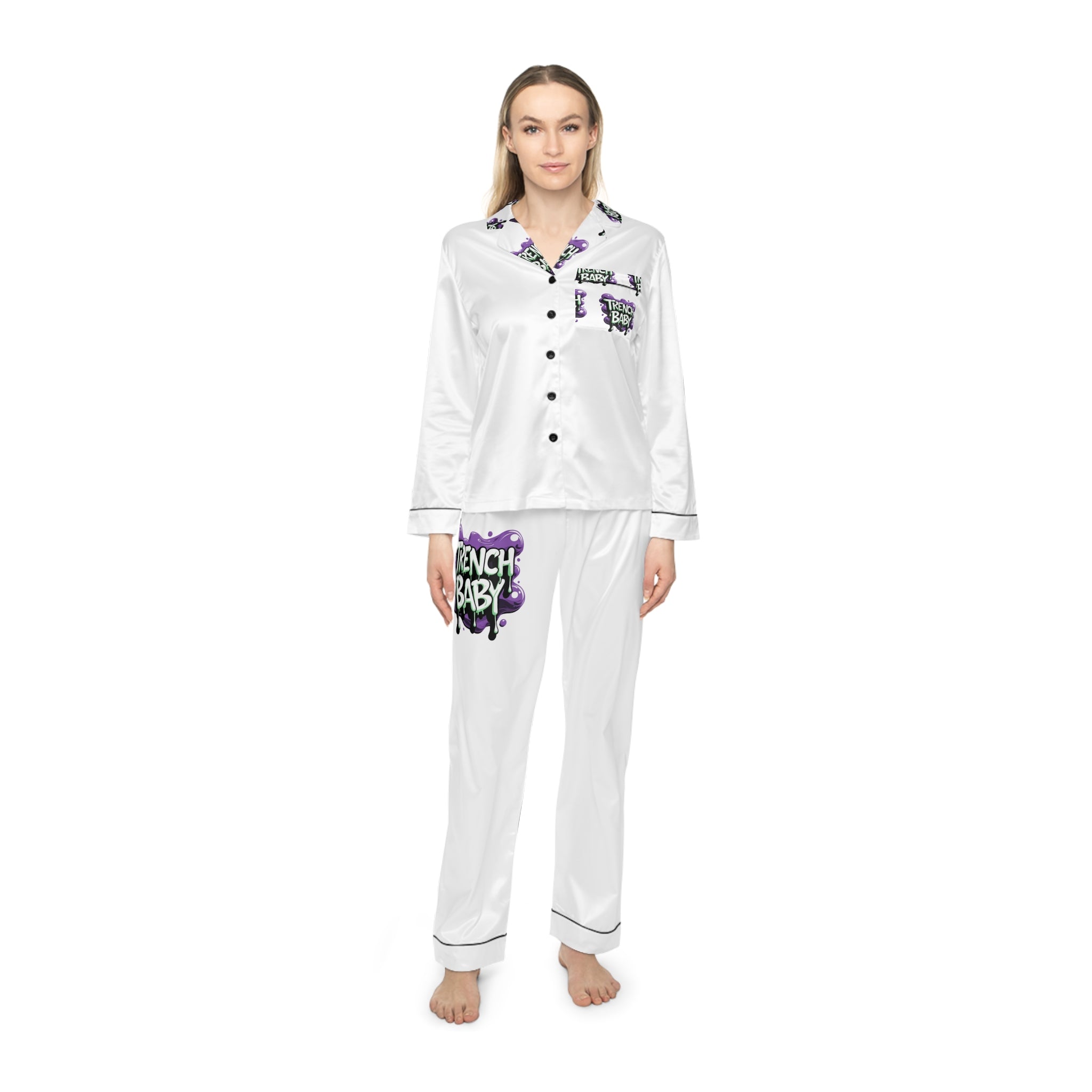 Women's Satin Pajama Set — Purple Floral Cat All-Over Print Sleepwear