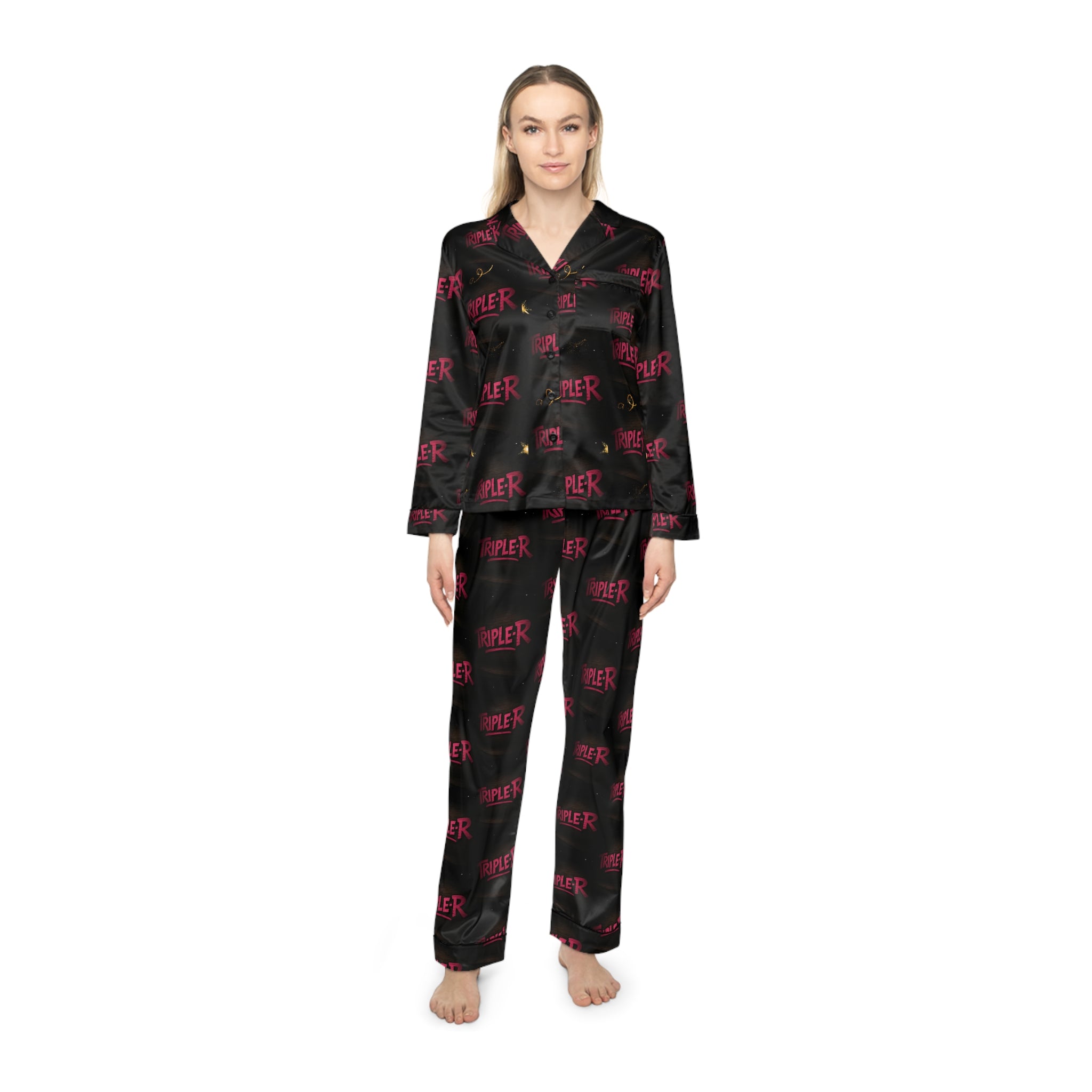 Women's Satin Pajama Set - Black All-Over 'MOM KILLER' Graphic Sleepwear