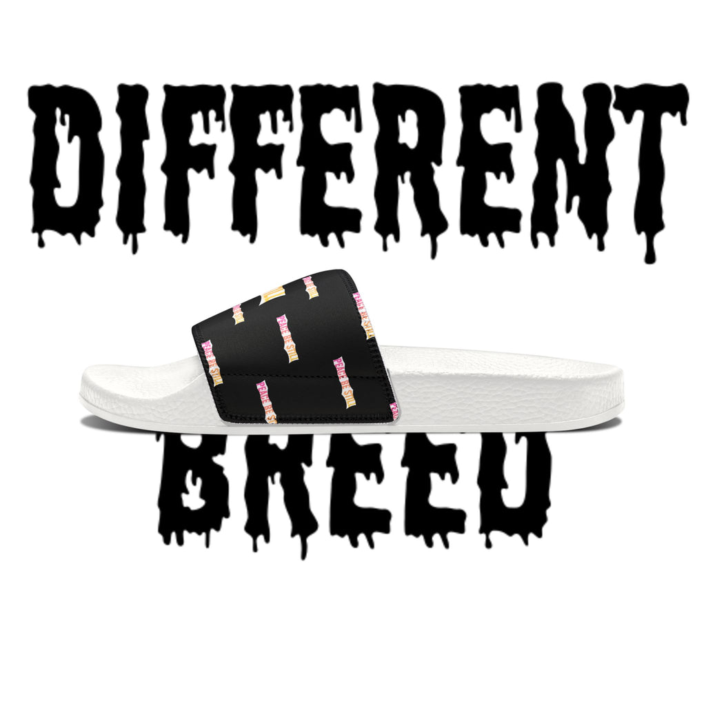 Slide Sandals — Black Printed "Peace & Shh" Straps, Removable‑Strap Pool Slides