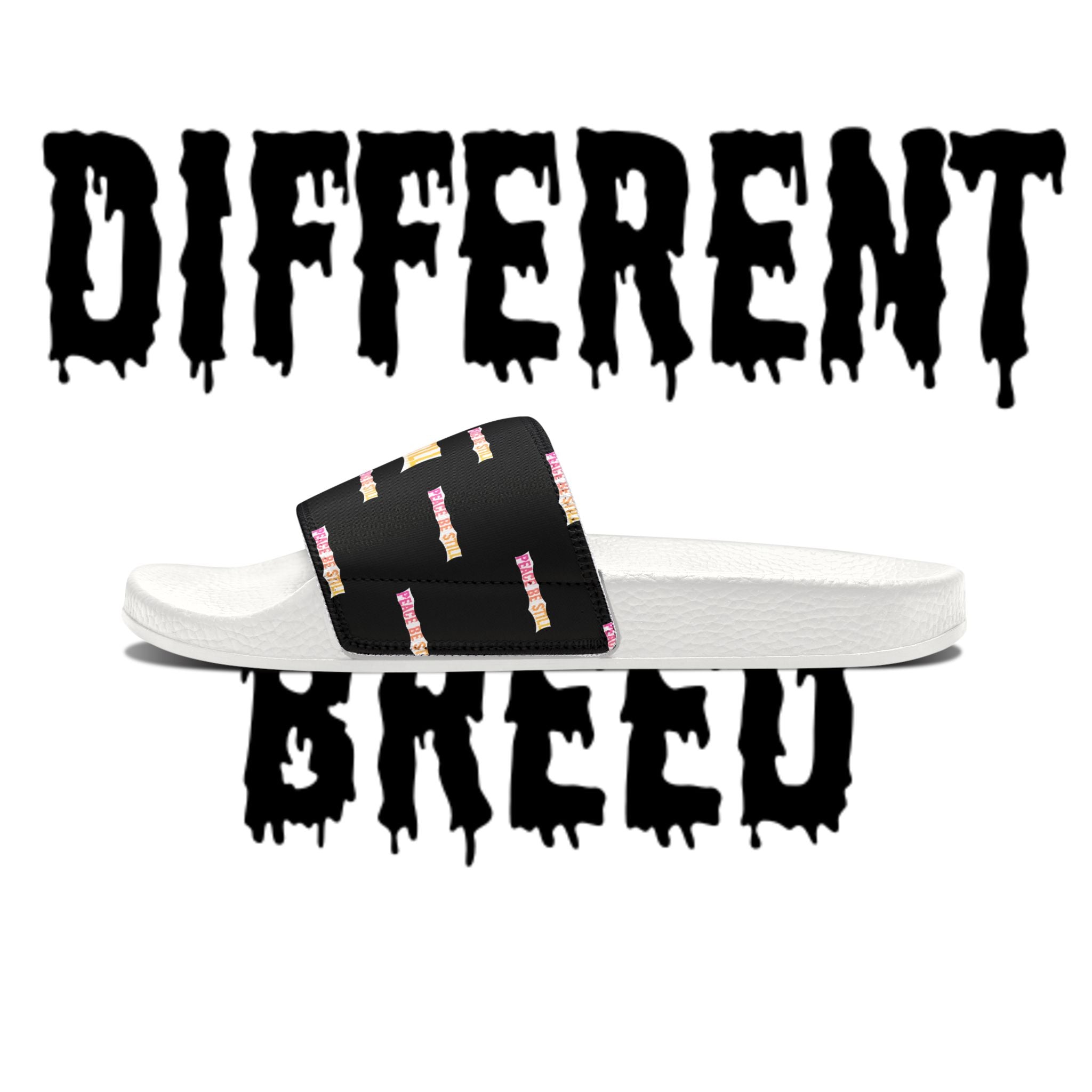 Slide Sandals — Black Printed "Peace & Shh" Straps, Removable‑Strap Pool Slides