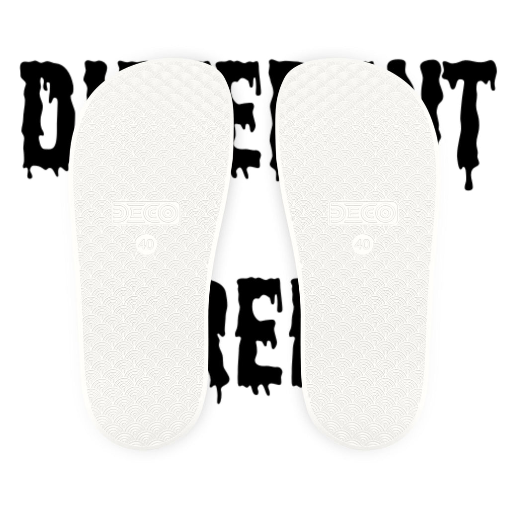 Slide Sandals — Black Printed "Peace & Shh" Straps, Removable‑Strap Pool Slides