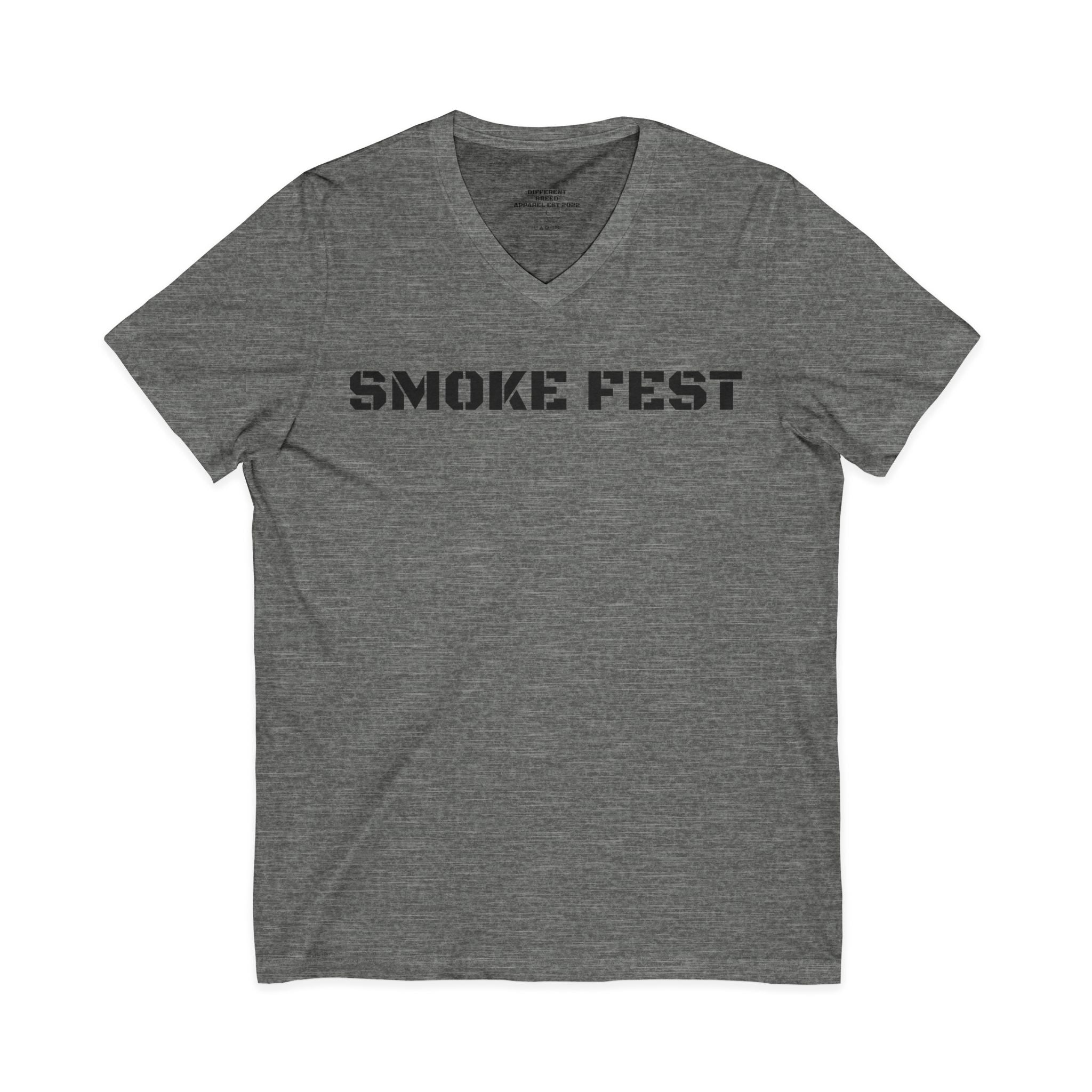 Smoke Fest V-Neck Tee — Bold Stencil Text T-Shirt for BBQ & Festival Fans
