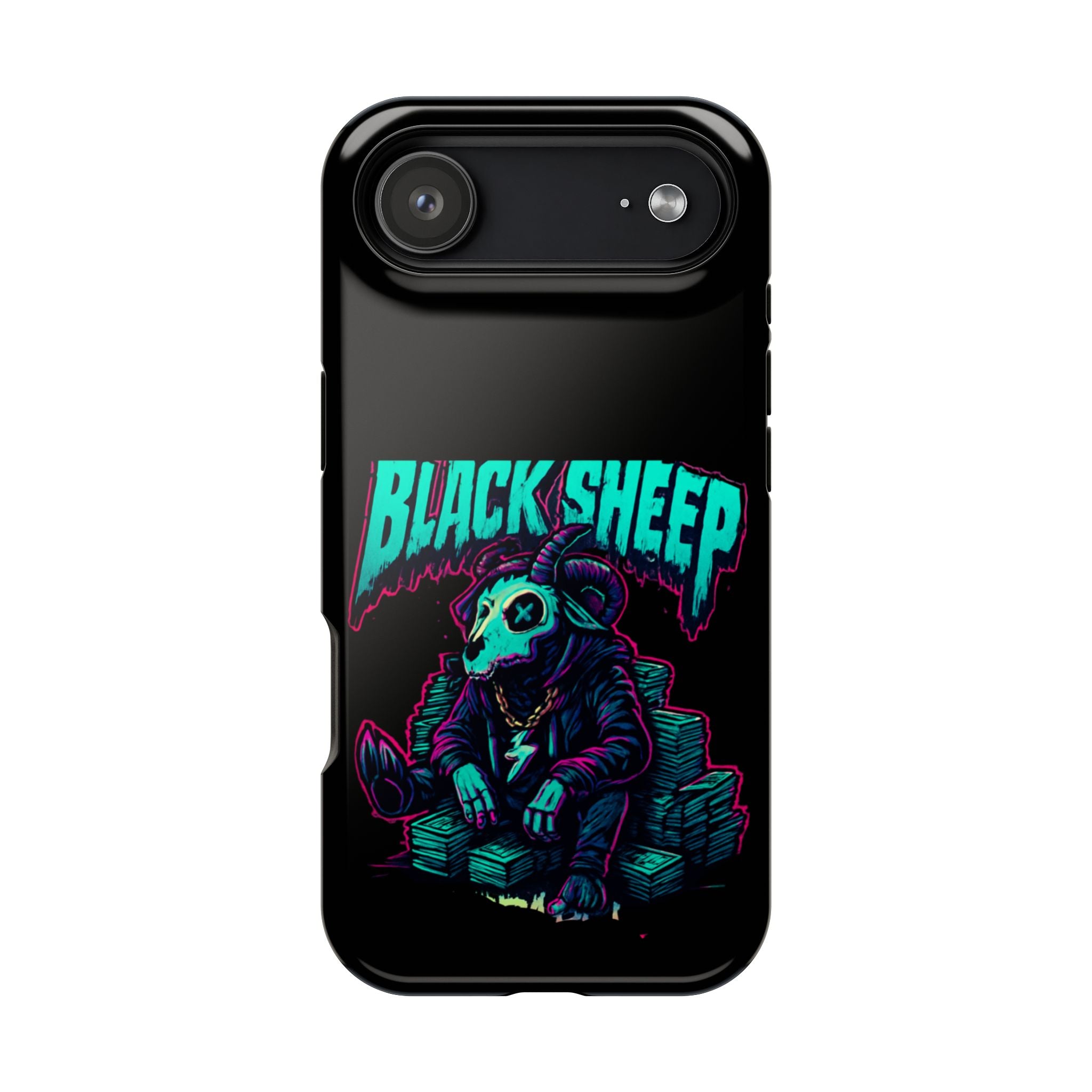 Impact-Resistant Phone Case — “Black Sheep” Neon Skull Design