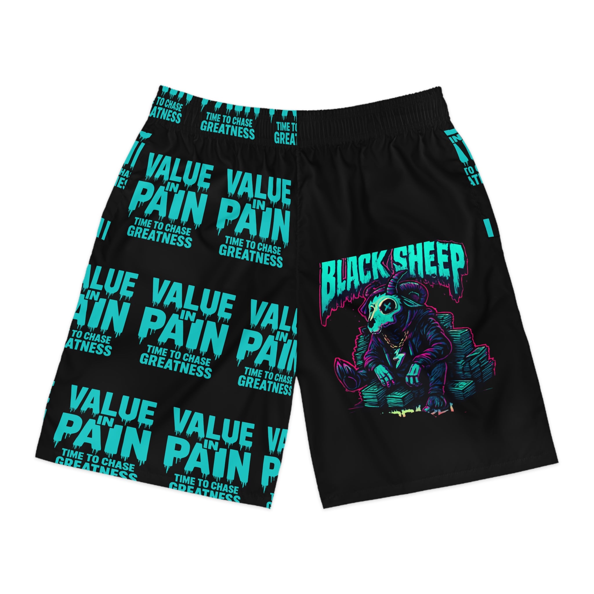 Men's Jogger Shorts — 'Black Sheep' Teal Graphic Value in Pain All-Over Print