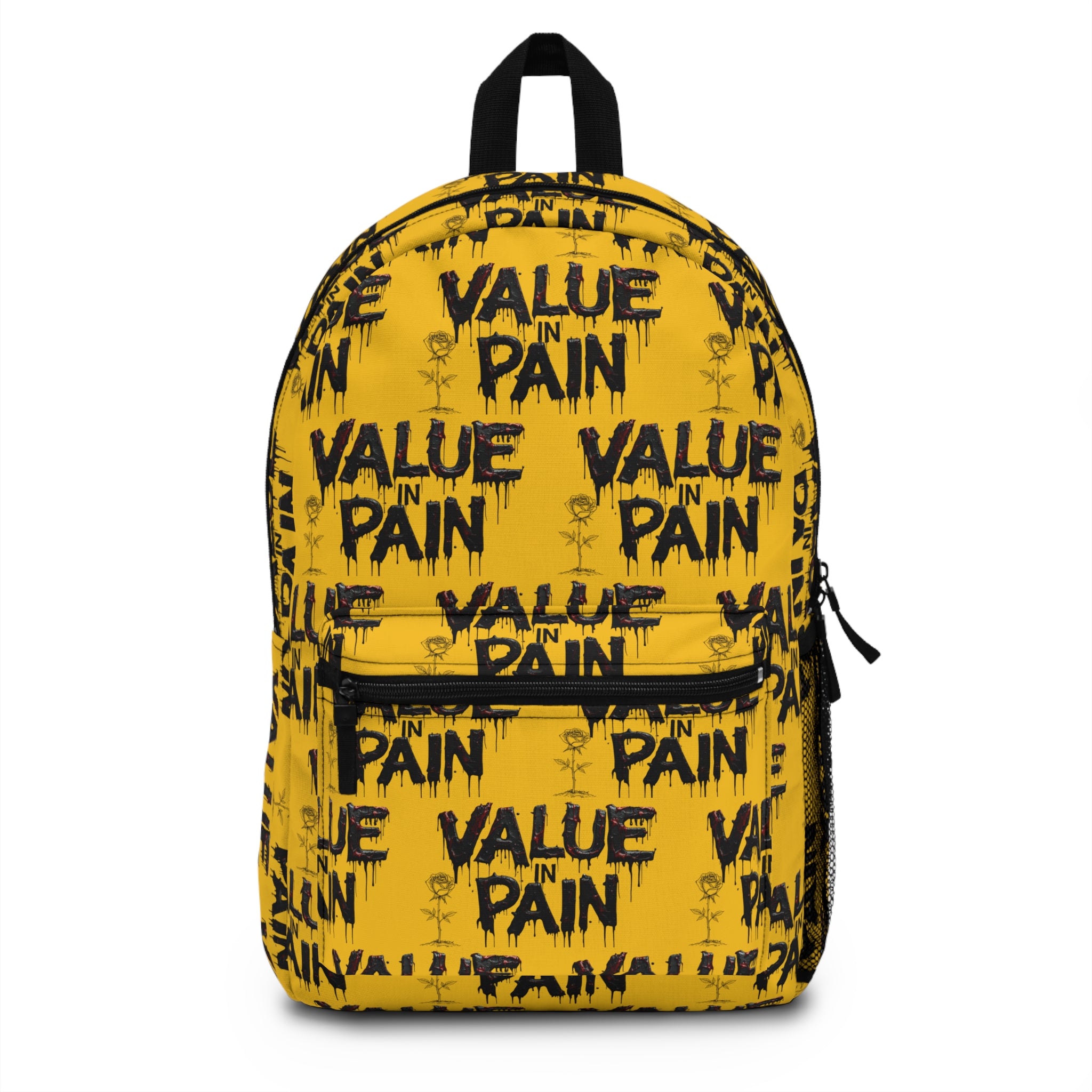 Backpack — Yellow "Value in Pain" Graphic Backpack (Streetwear, Urban Grunge)