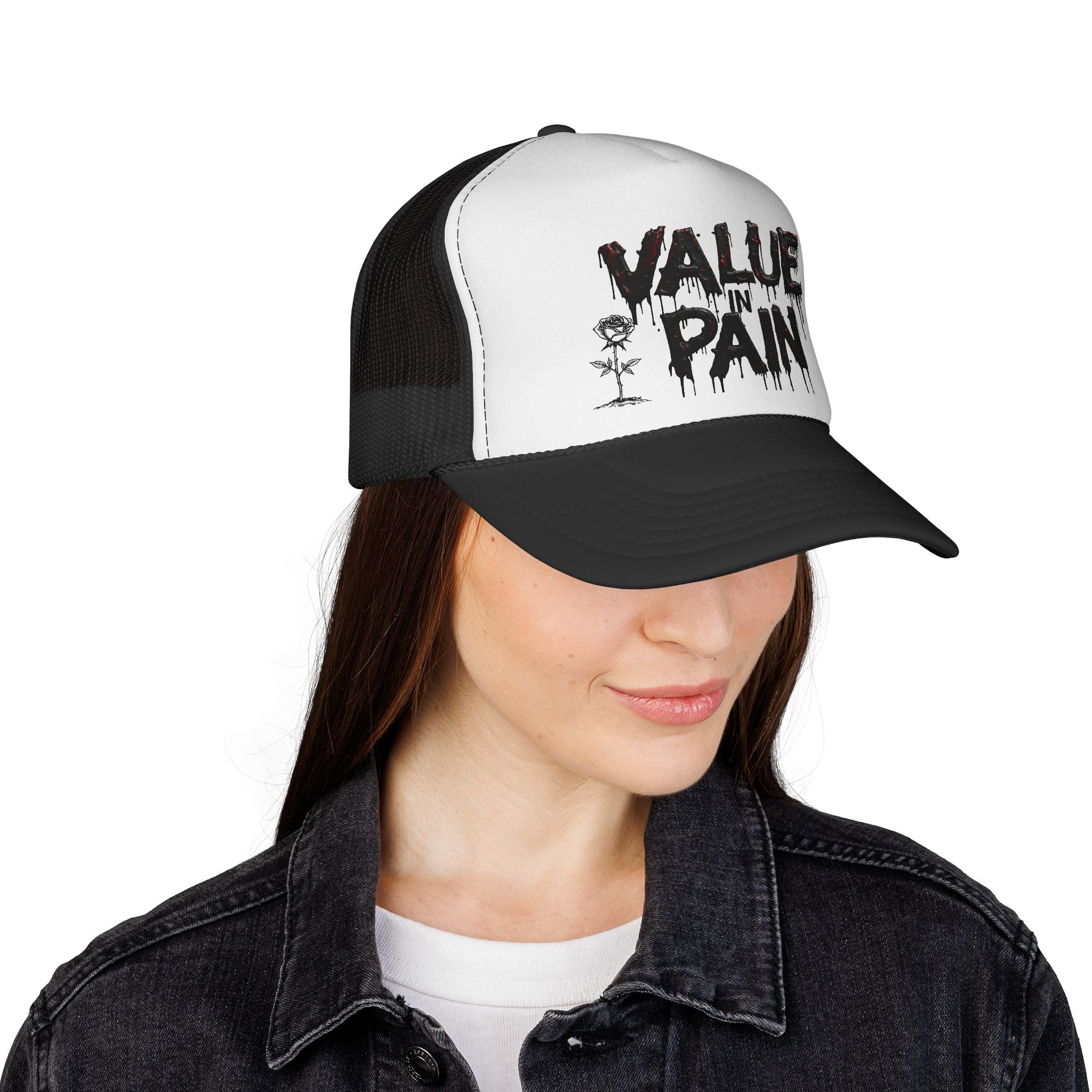 Value in Pain Trucker Cap — Gothic Grunge Mesh Hat with Dripping Text & Rose