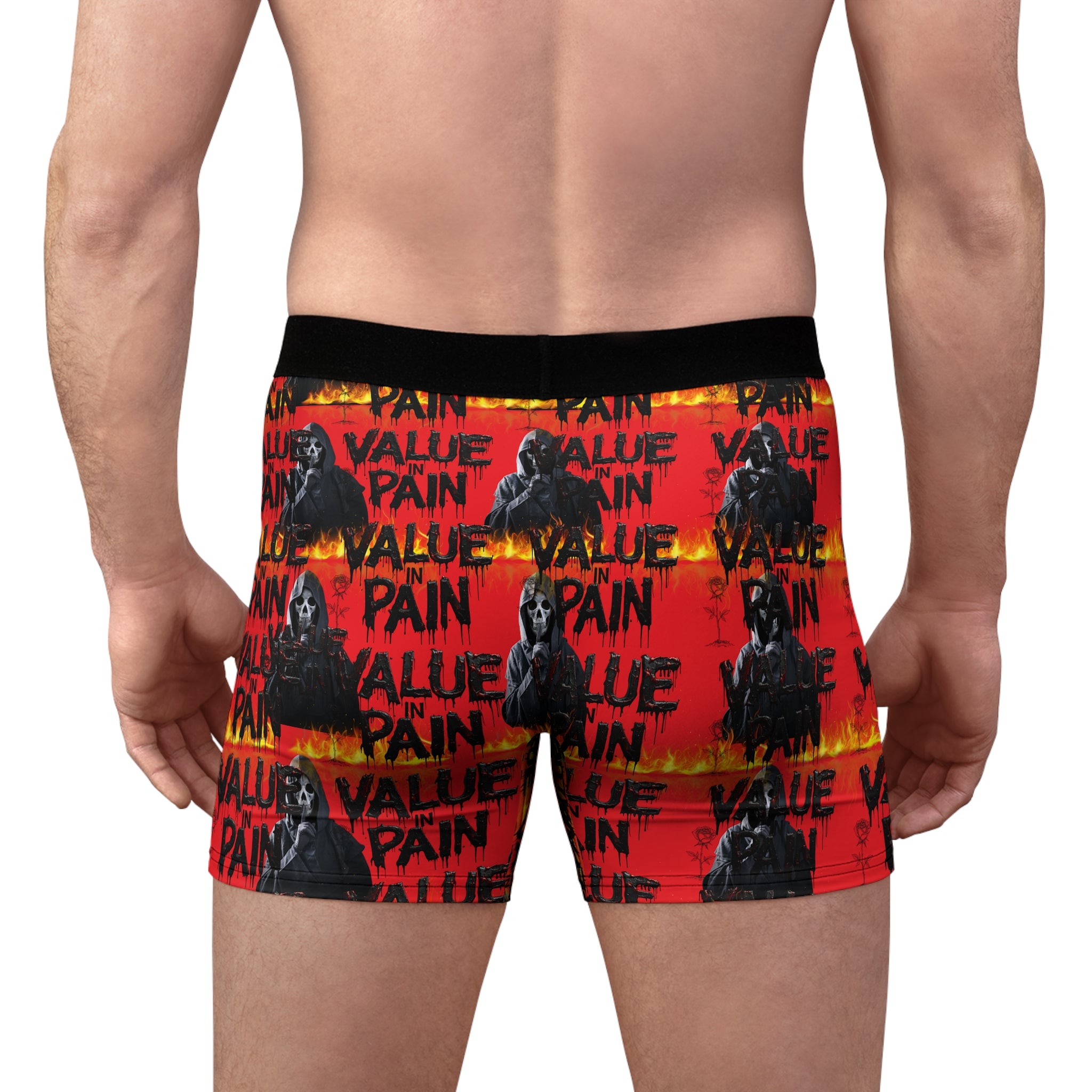 Men's Boxer Briefs — Red Grim Reaper Flame Pattern with “VALUE PAIN” Text