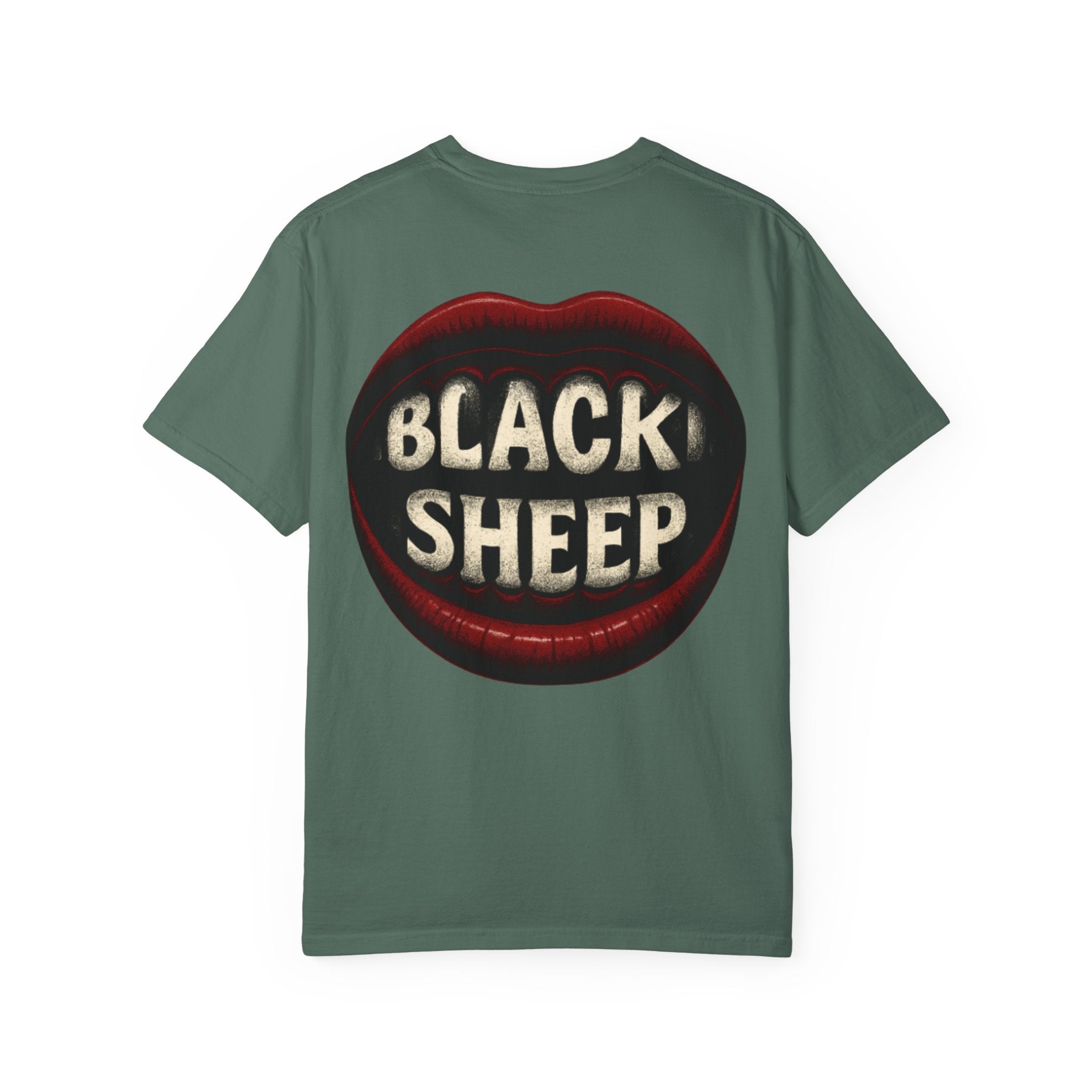 Black Sheep T-Shirt — Bold Back Lip Graphic & Front Text