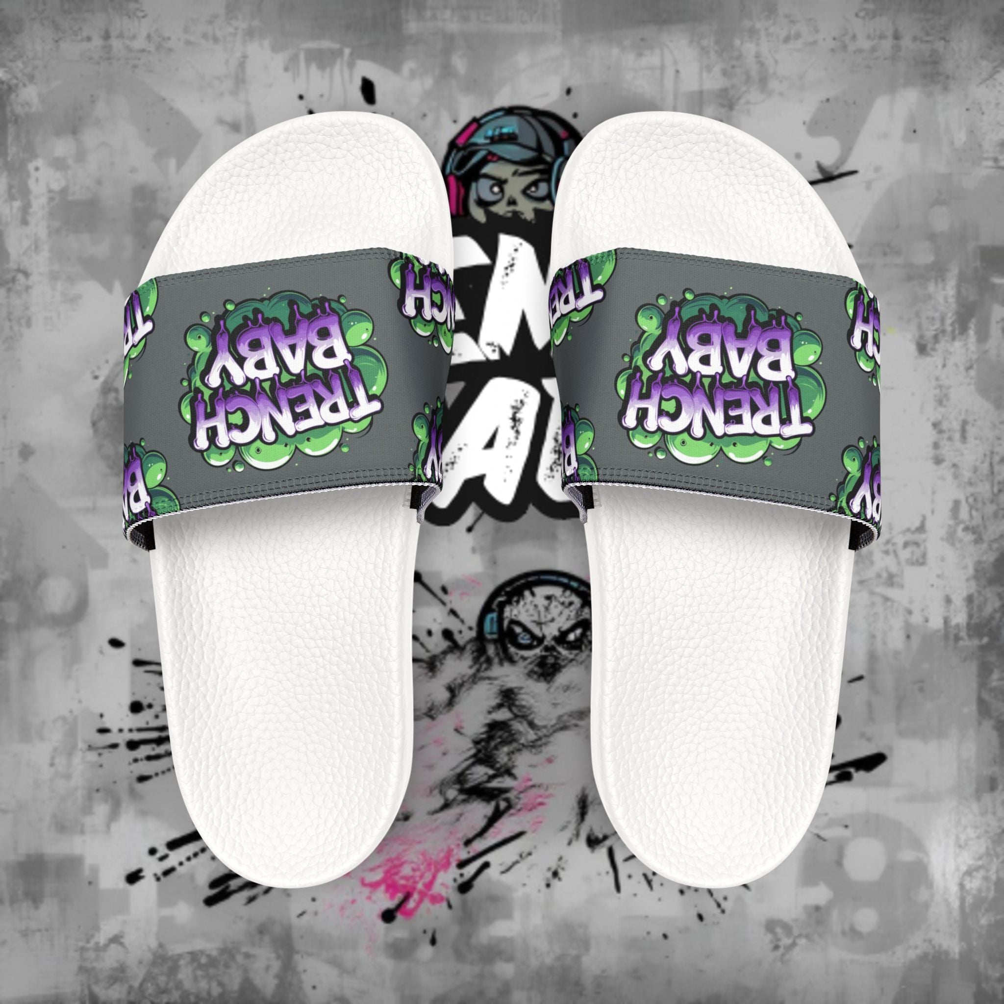 Men's Slide Sandals — 'French Baby' Graphic Adjustable-Strap Pool Slides