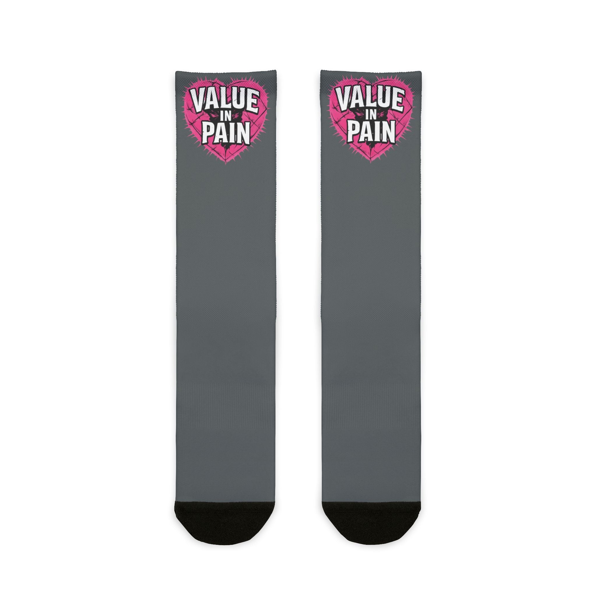 Value In Pain Crew Socks – Grey Sublimation Athletic Socks with Pink Heart Logo