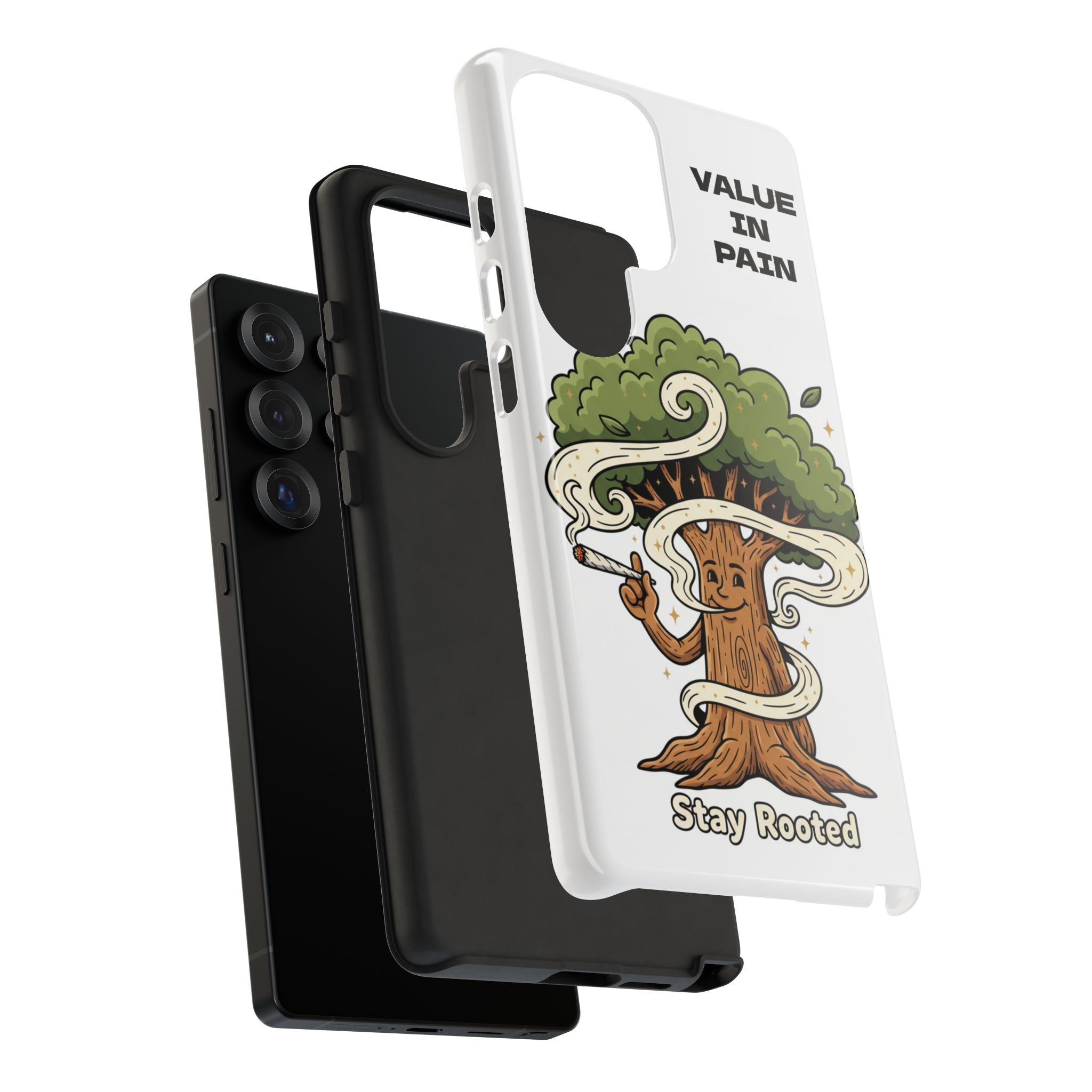Phone Case — "Stay Rooted" Tree Design with "Value in Pain" Text