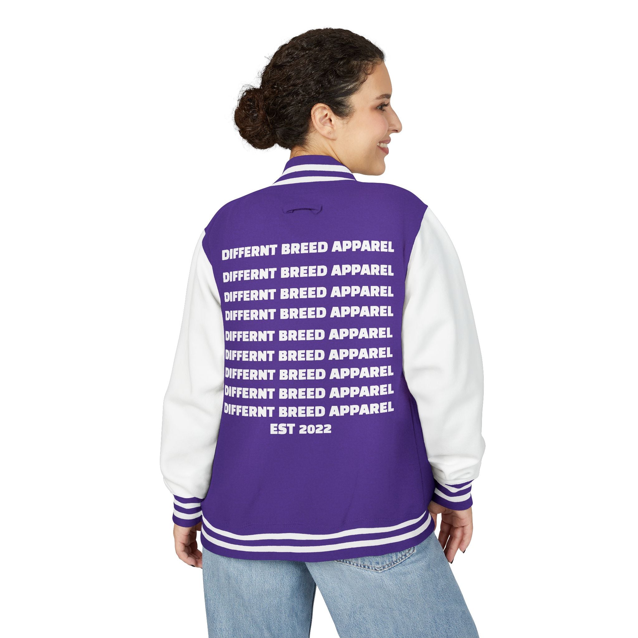 Letterman Jacket — Small Neon Portrait Patch & Repeated 'Different Breed Apparel' Back Print