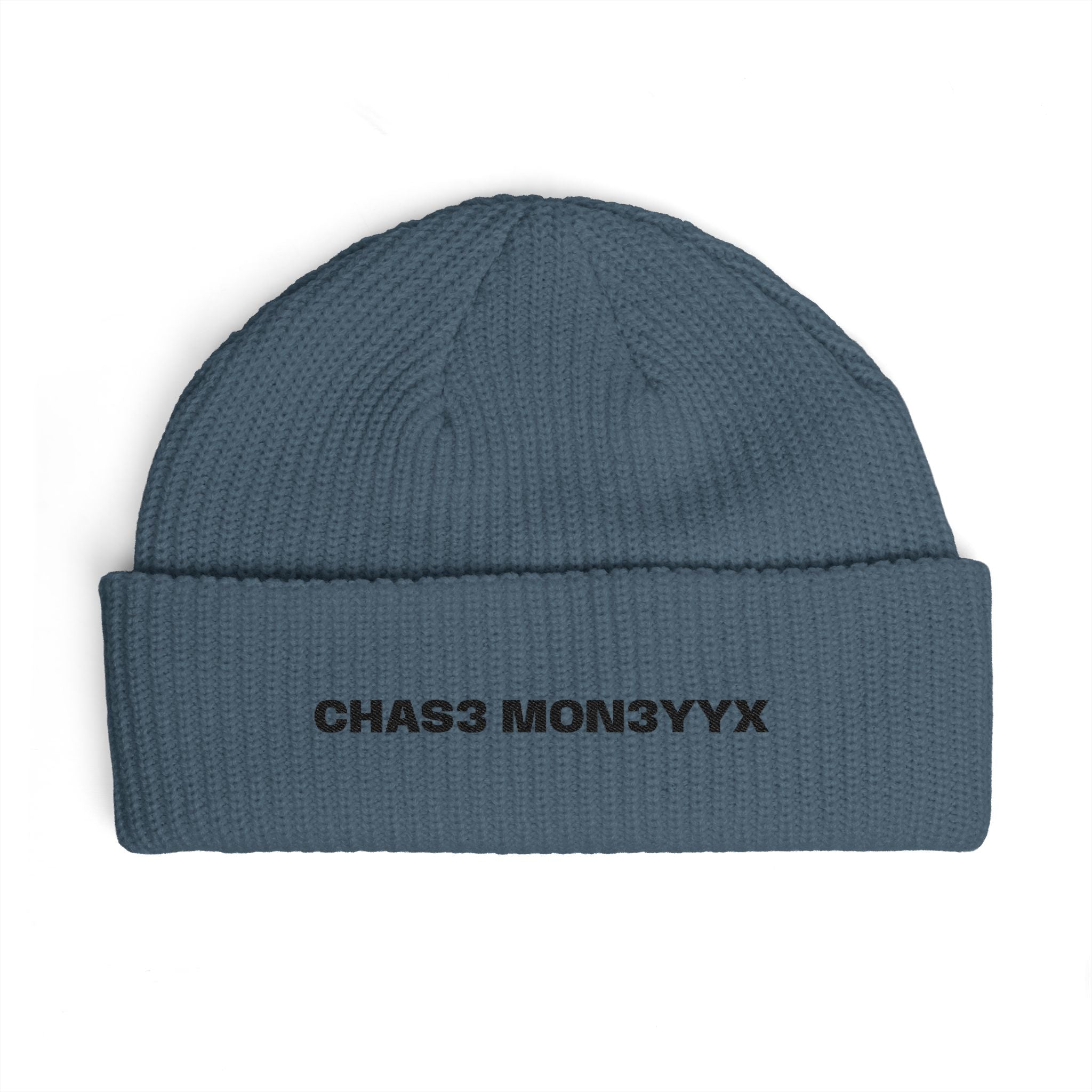 Embroidered Cuff Beanie — "CHAS3 MON3YYYX" Knit Hat