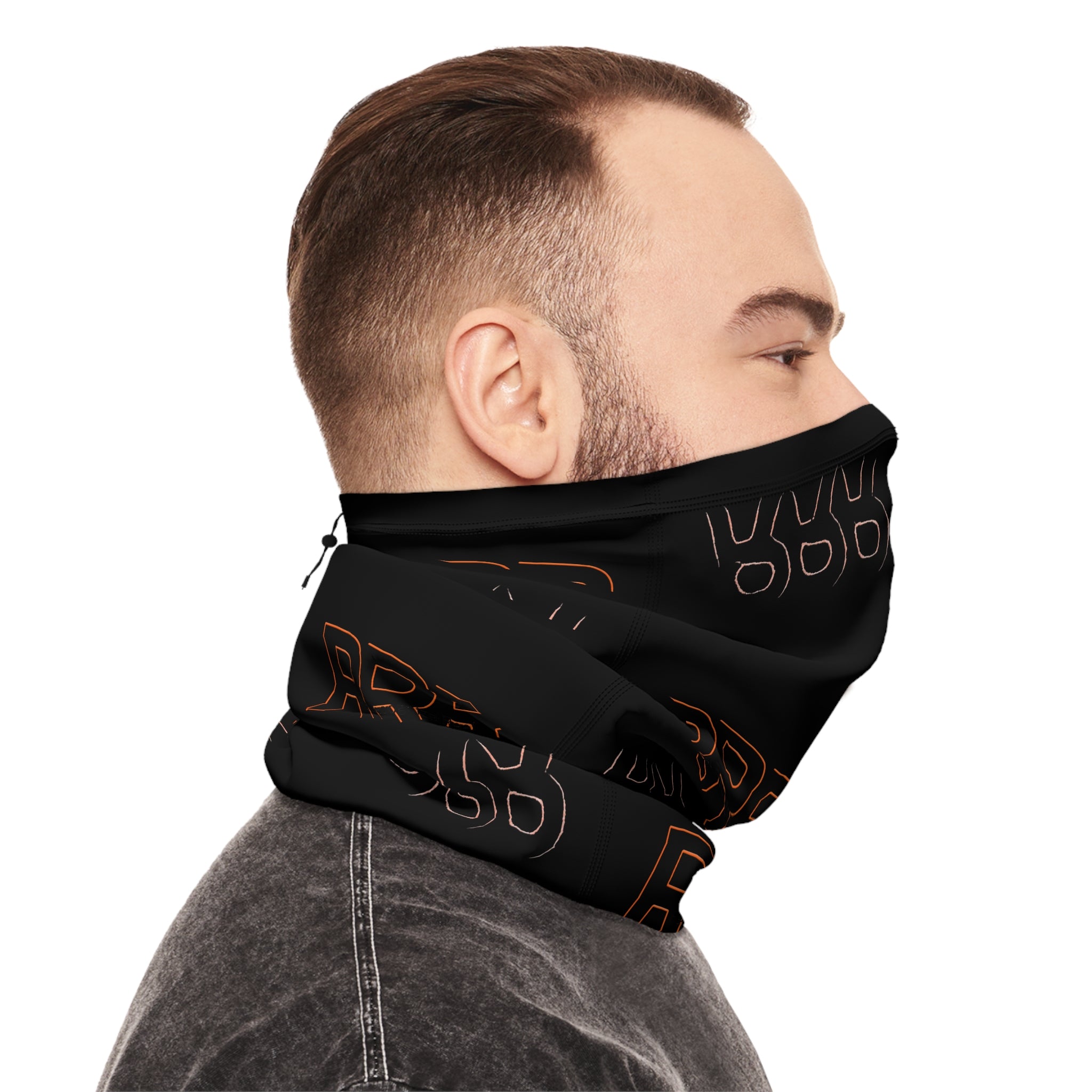 Black Winter Neck Gaiter with Drawstring — Repeating “RRR” Logo Cold-Weather Face Mask