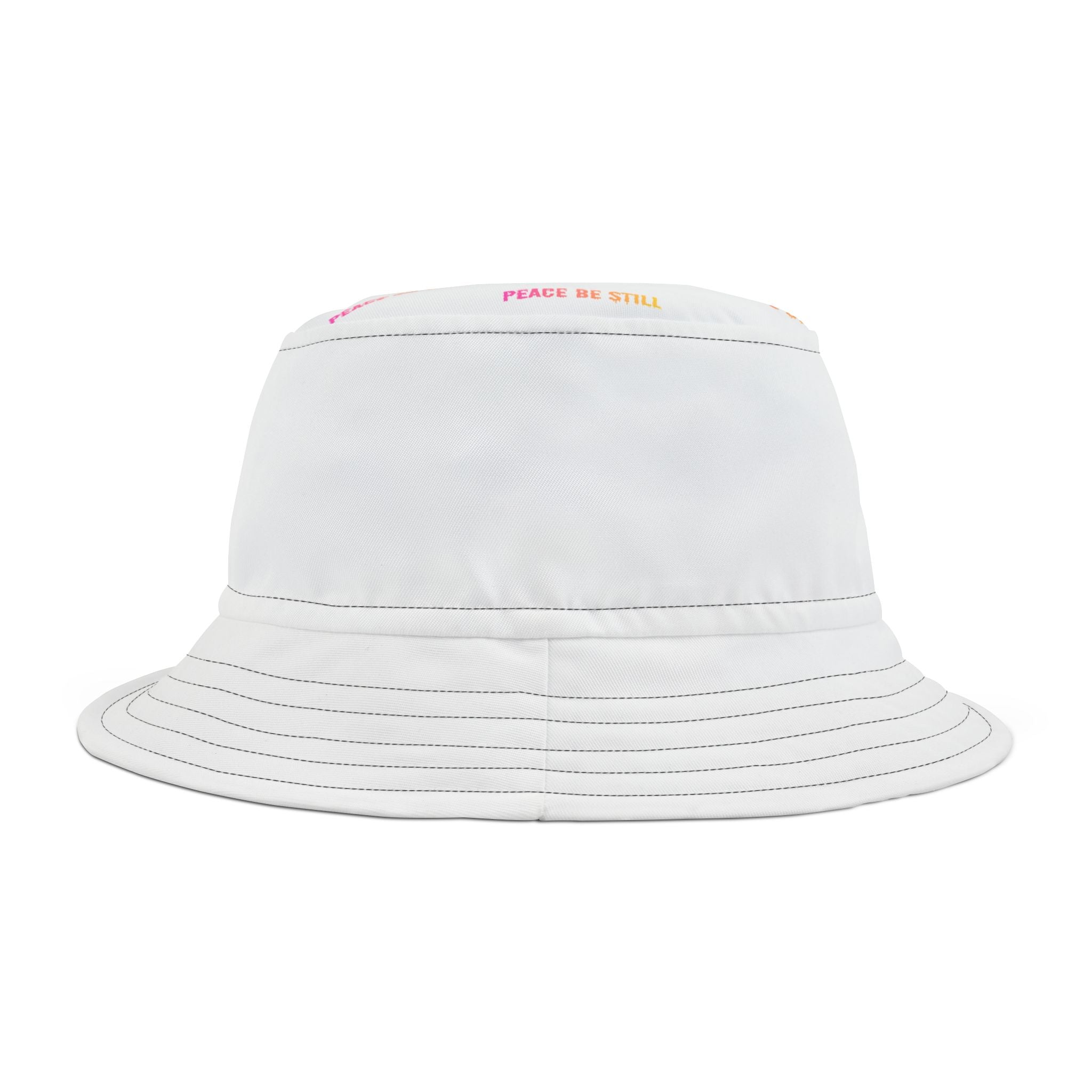 Peace Be Still Bucket Hat — White Tie-Dye Text Print Summer Sun Hat