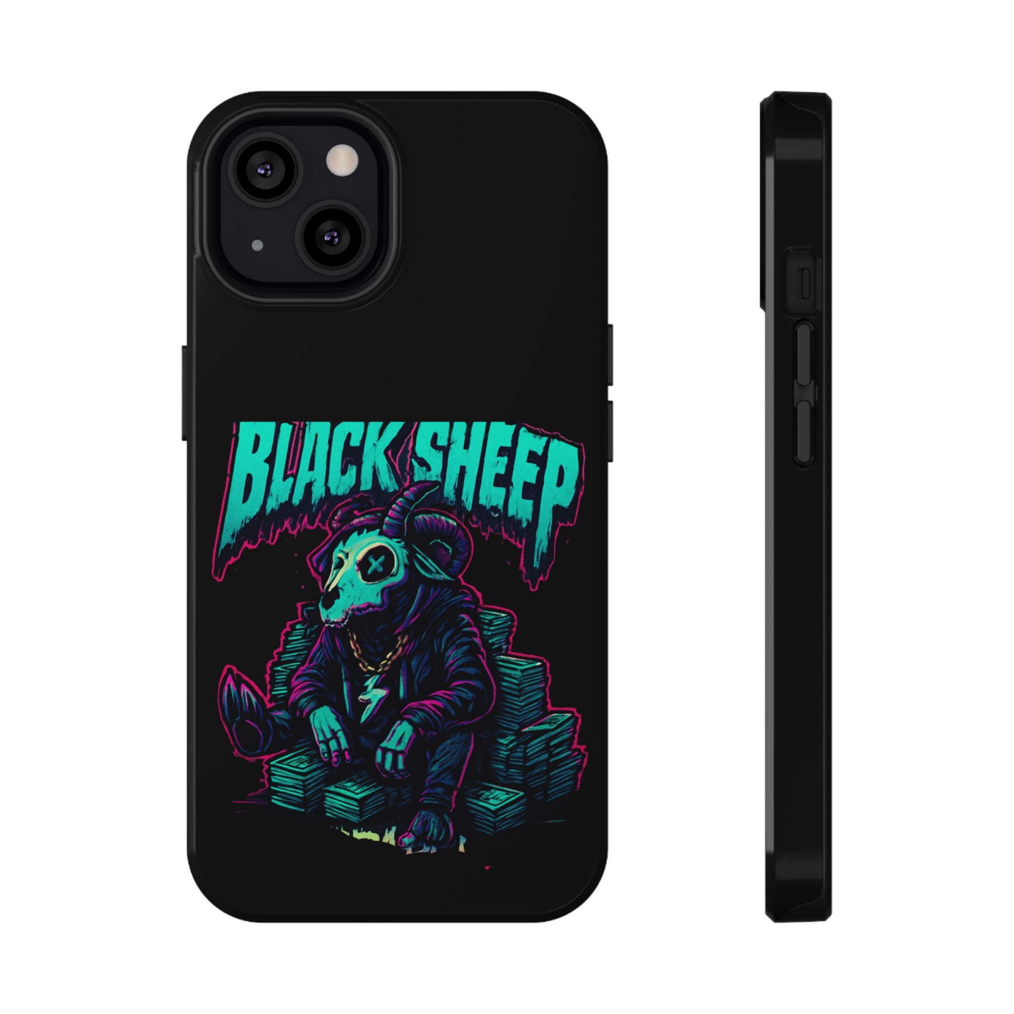 Impact-Resistant Phone Case — “Black Sheep” Neon Skull Design