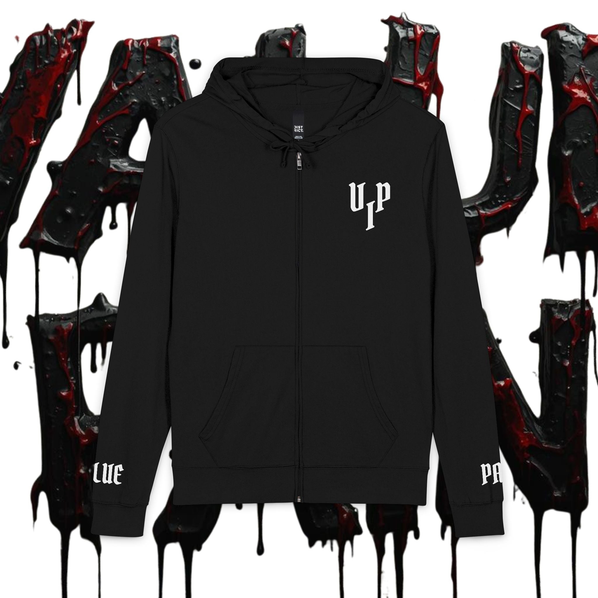 Gothic 'UP' Full-Zip Hoodie — Black Drip Streetwear with Sleeve Lettering