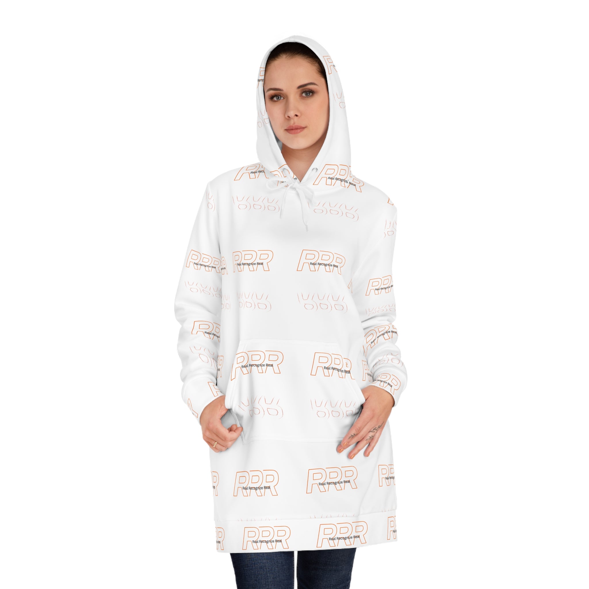 Hoodie Dress — All-Over Logo Print Cozy Tunic