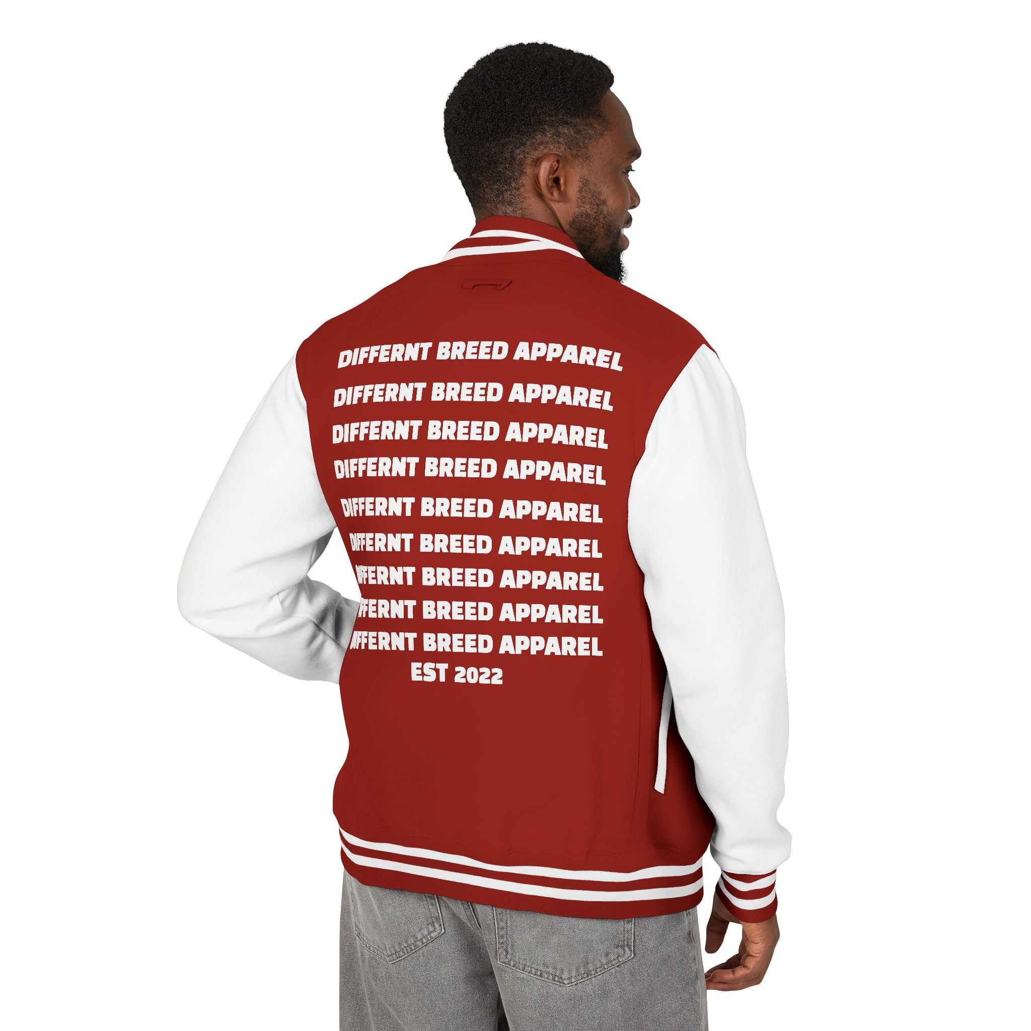 Letterman Jacket — Small Neon Portrait Patch & Repeated 'Different Breed Apparel' Back Print