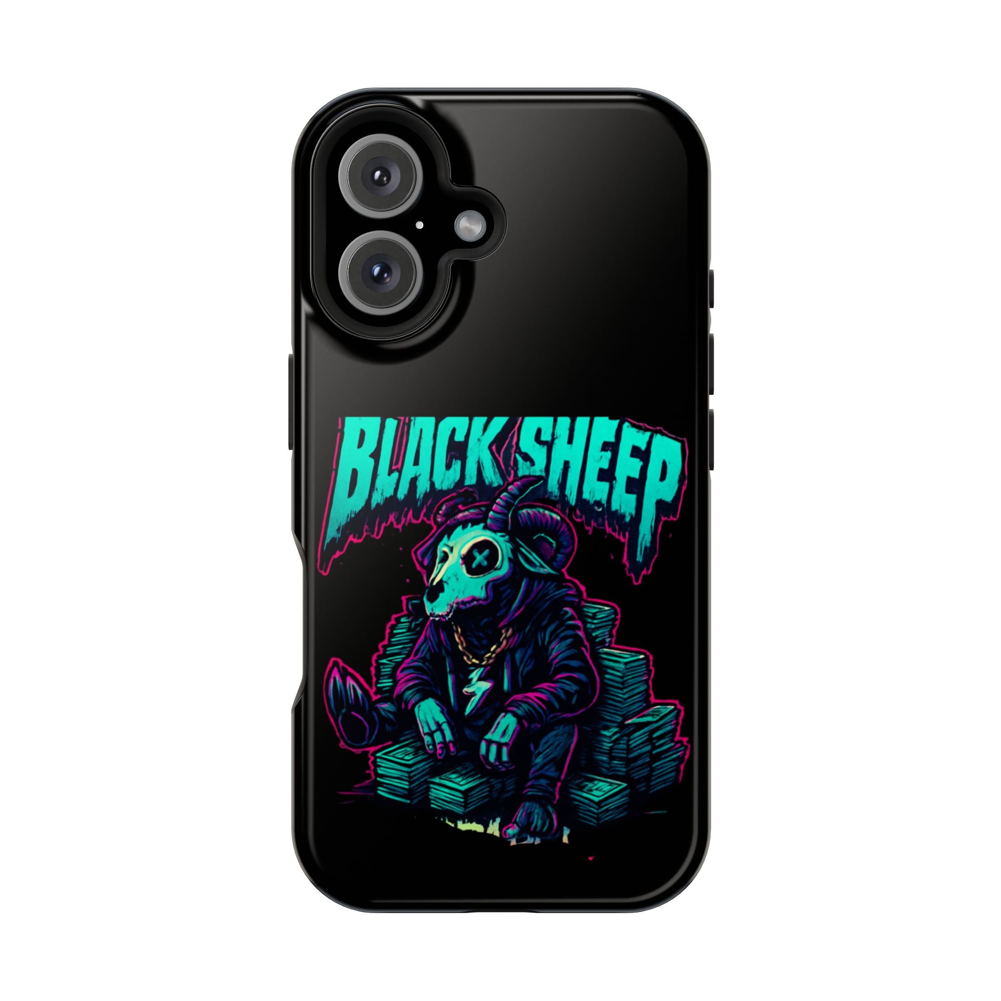 Impact-Resistant Phone Case — “Black Sheep” Neon Skull Design