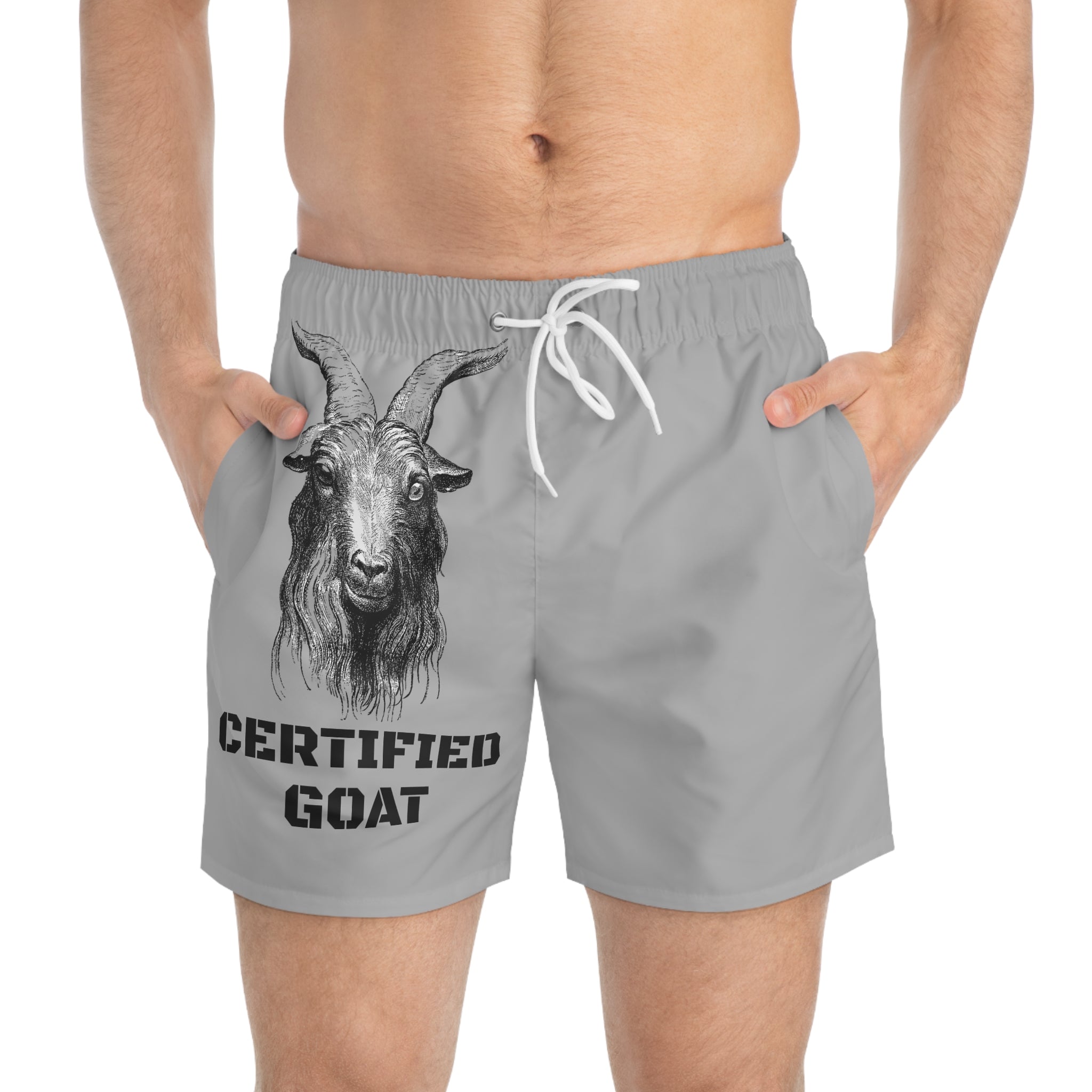 Certified Goat Swim Trunks — Novelty Beach Shorts with Goat Graphic
