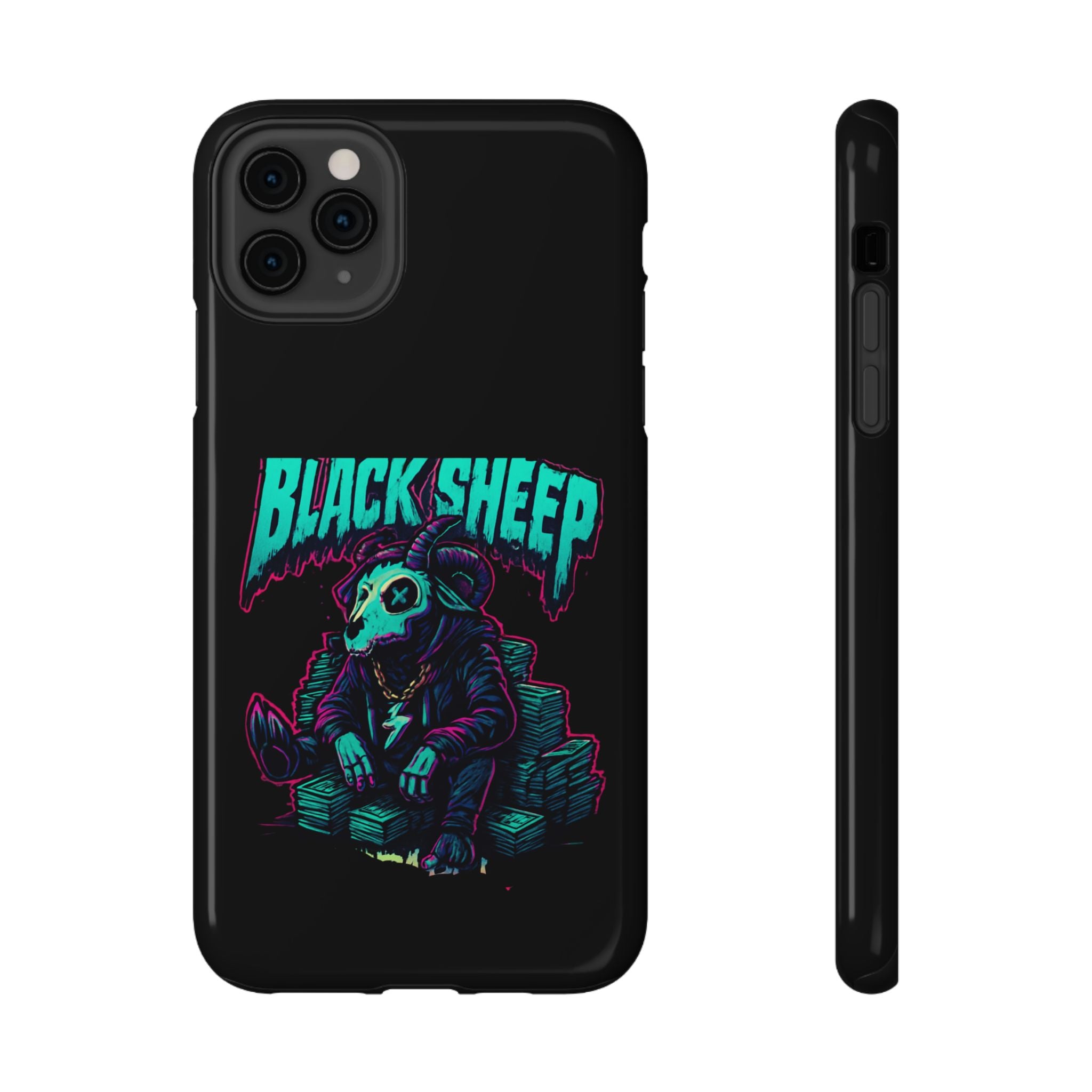 Impact-Resistant Phone Case — “Black Sheep” Neon Skull Design