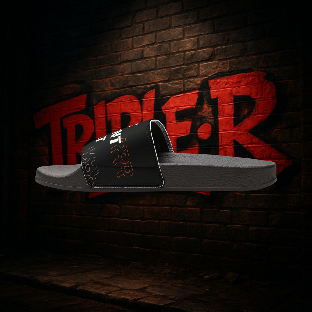 Slide Sandals — Black Strap "Rise Reinvent Repeat" Women's Removable‑Strap Slides