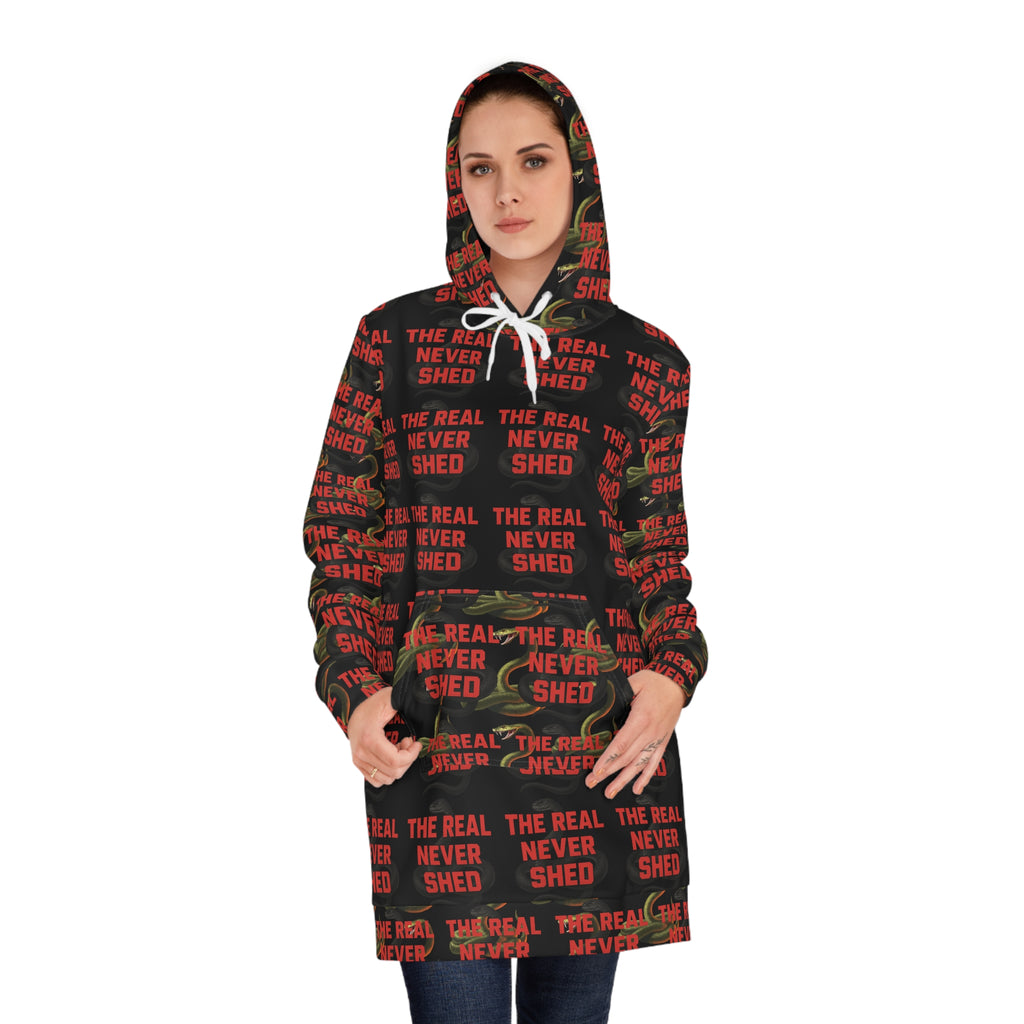 Women's Hoodie Dress — 'The Real Never Shed' All-Over Print Cozy Streetwear