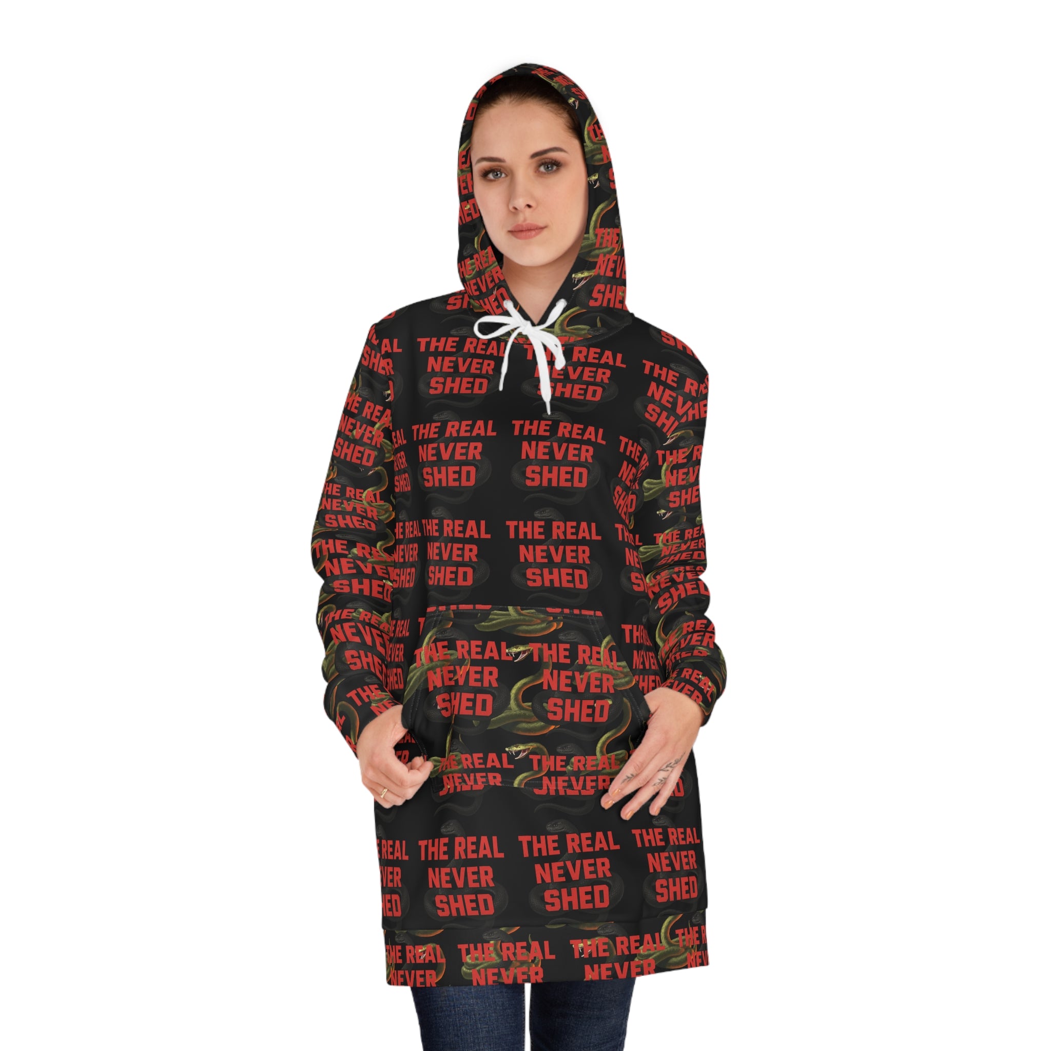 Women's Hoodie Dress — 'The Real Never Shed' All-Over Print Cozy Streetwear