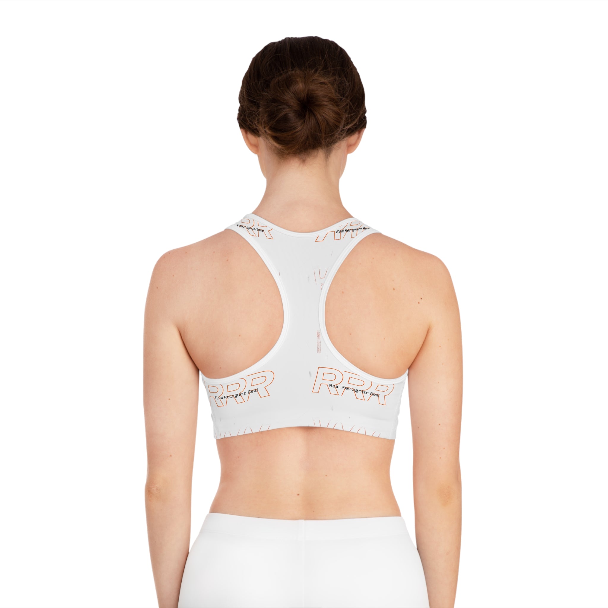 White 'PPR' Logo All-Over-Print Sports Bra — Lightweight Athletic Crop Top [REAL RECOGNIZE REAL]