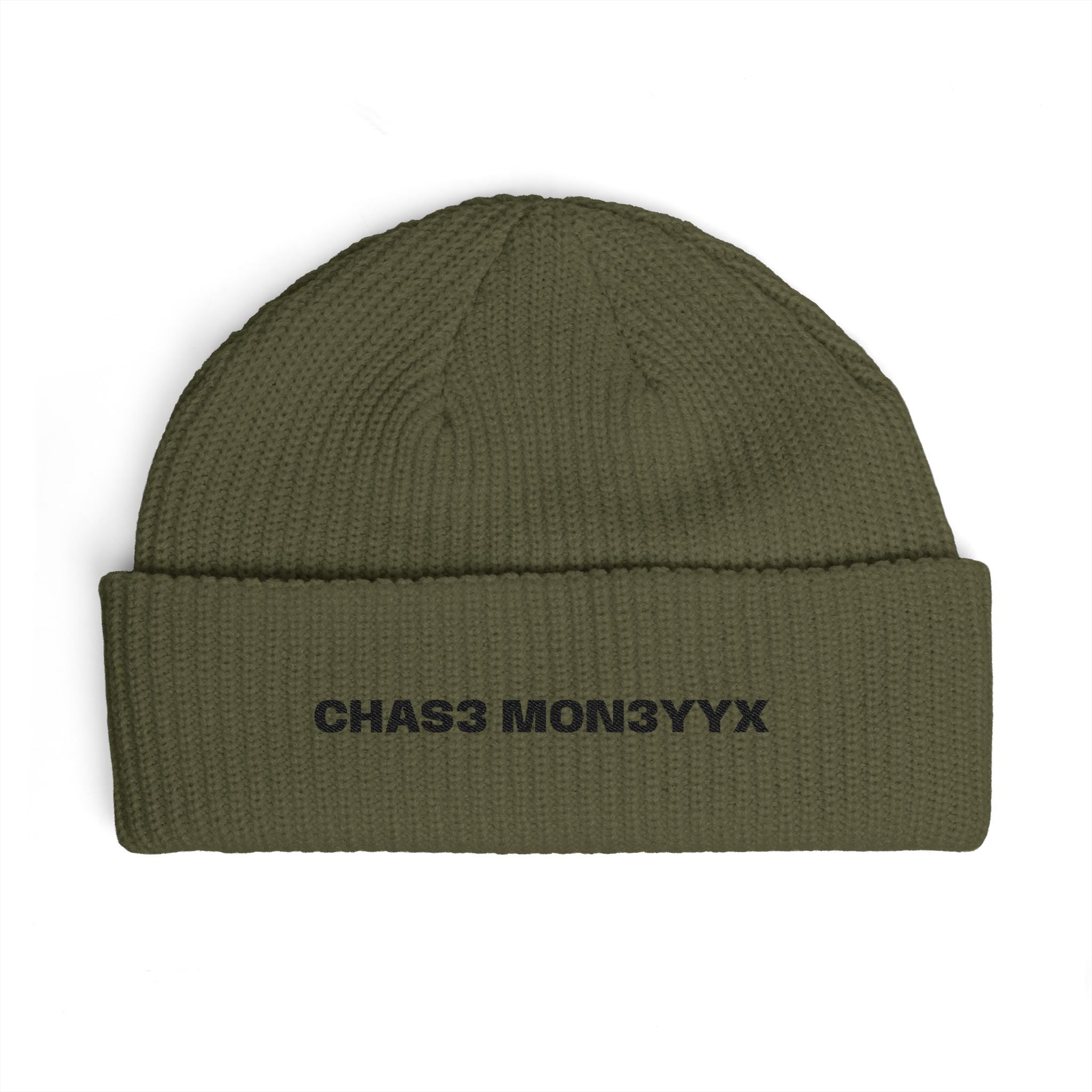 Embroidered Cuff Beanie — "CHAS3 MON3YYYX" Knit Hat