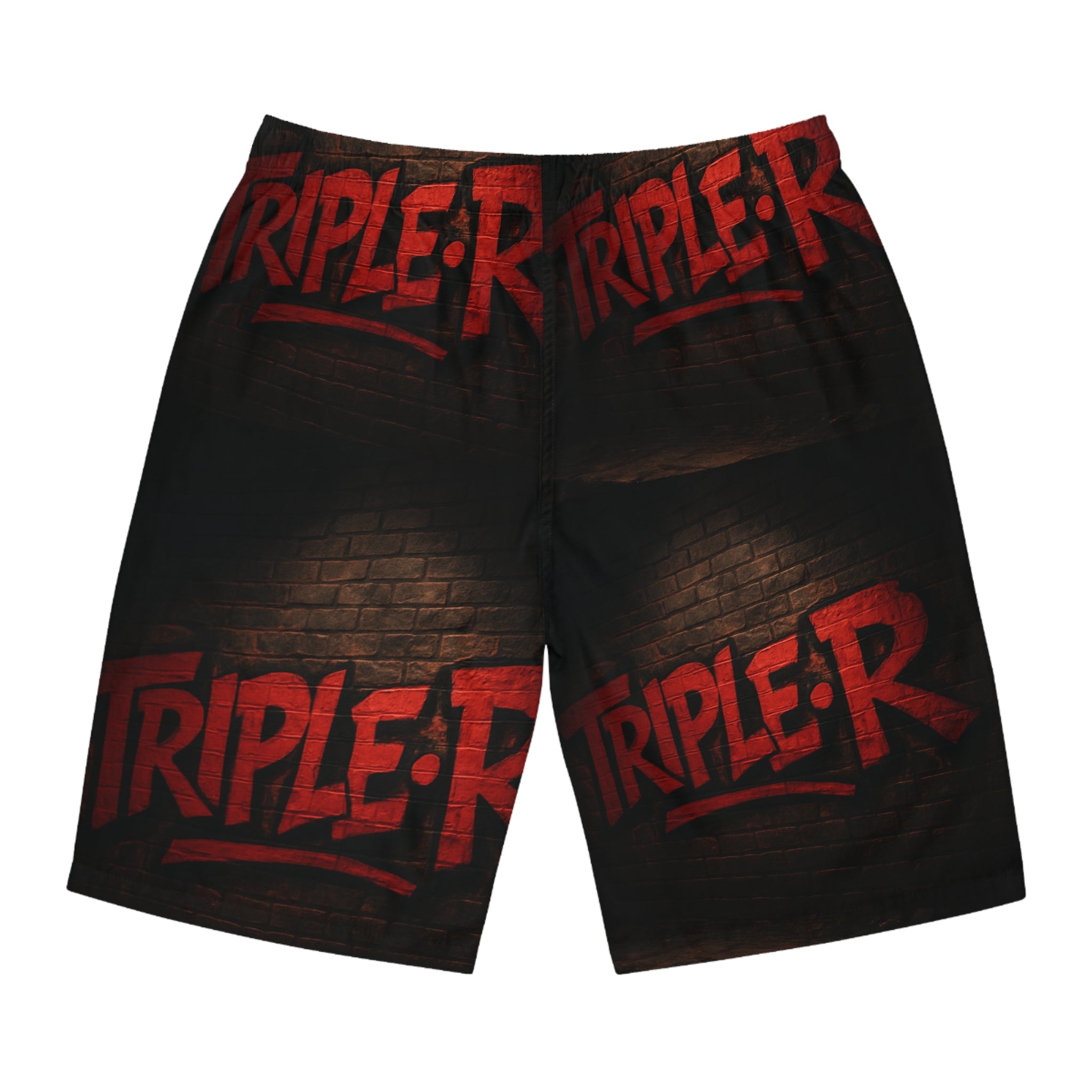 Board Shorts — 'TRIPLE R' Red Graffiti Swim Trunks